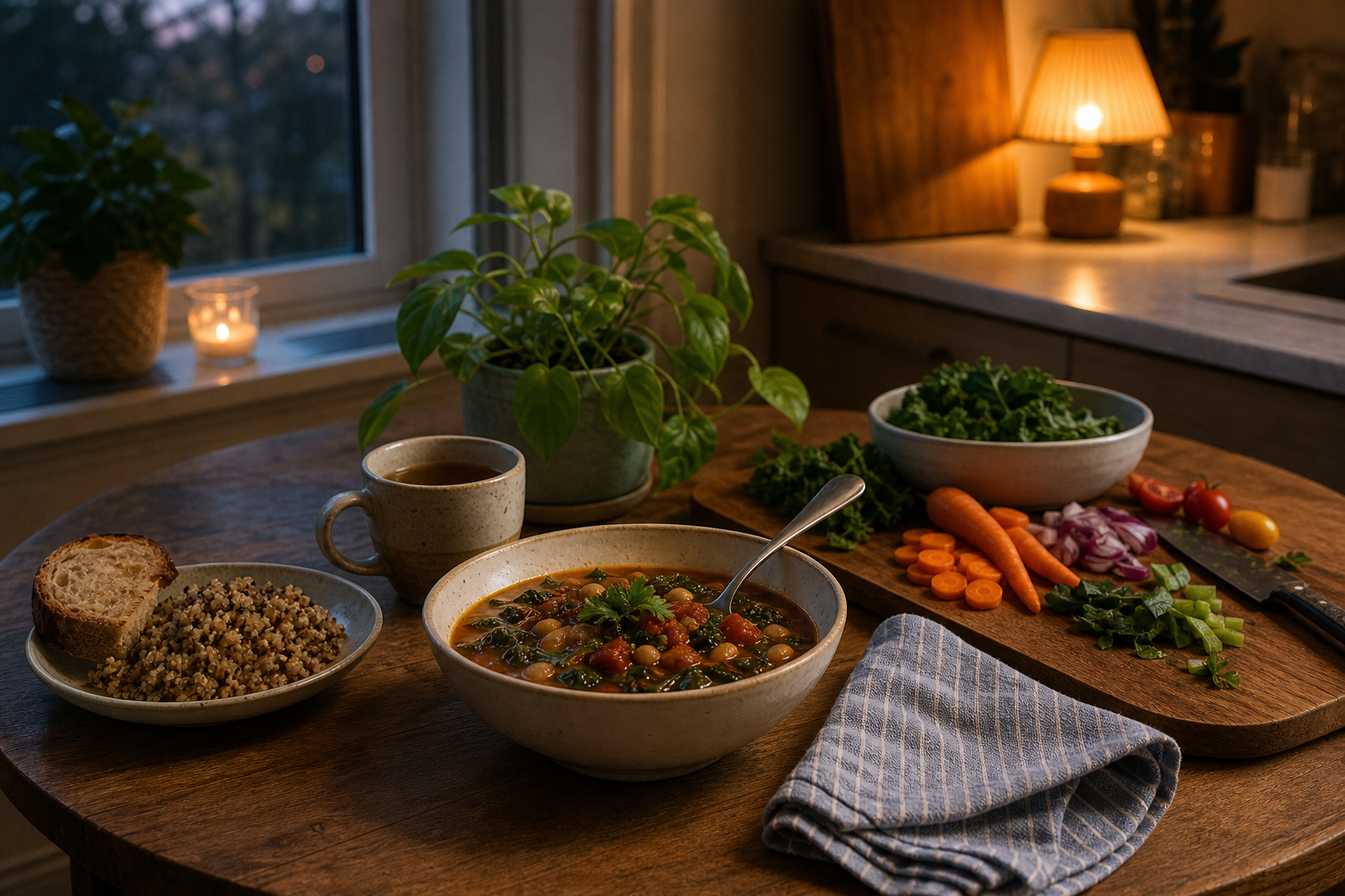 Quiet evening kitchen table with vegan stew, tea, folded napkin, plant, and softly prepped vegetables