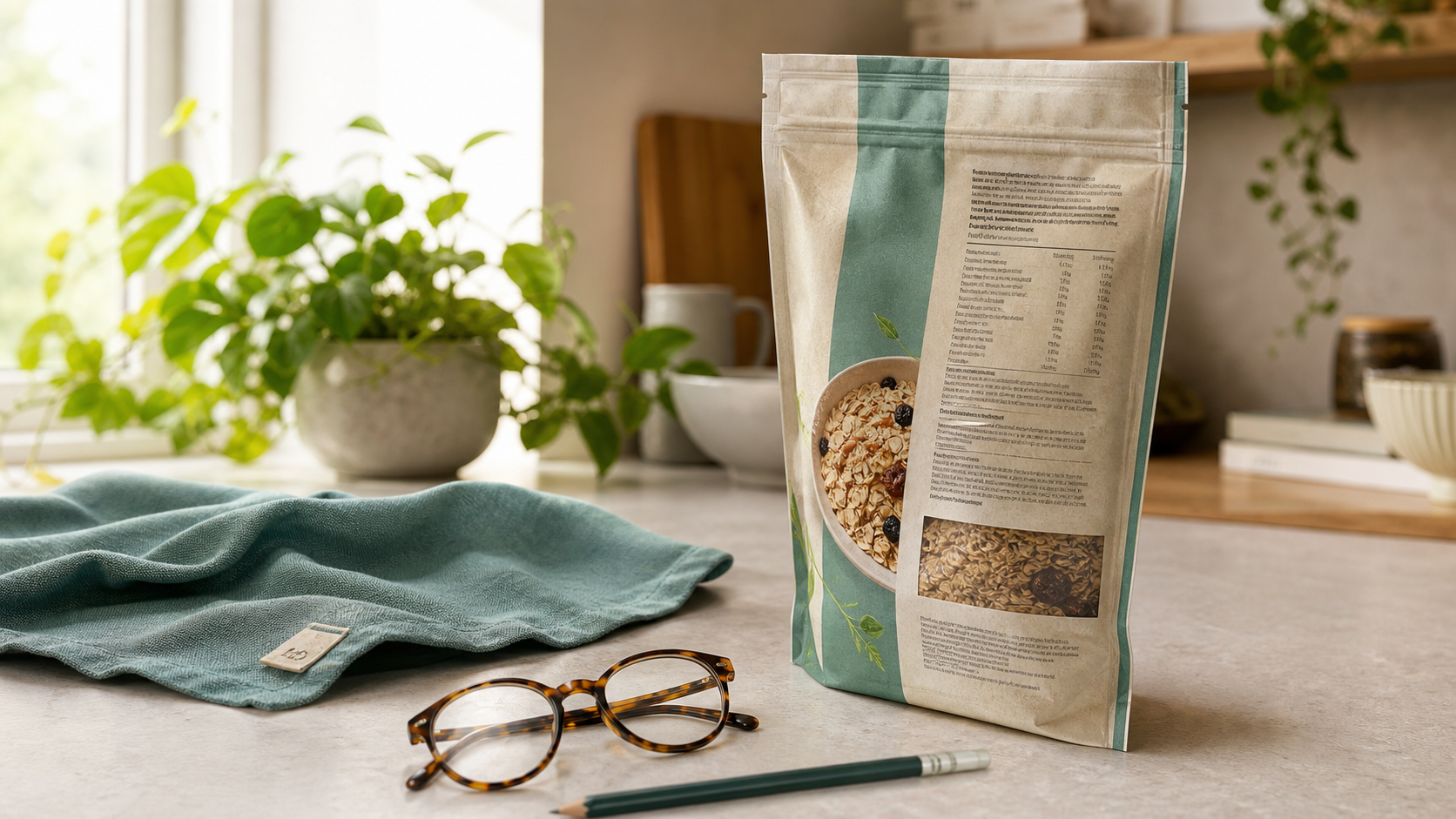 Realistic pantry package on a bright counter with an ordinary back label visible for checking