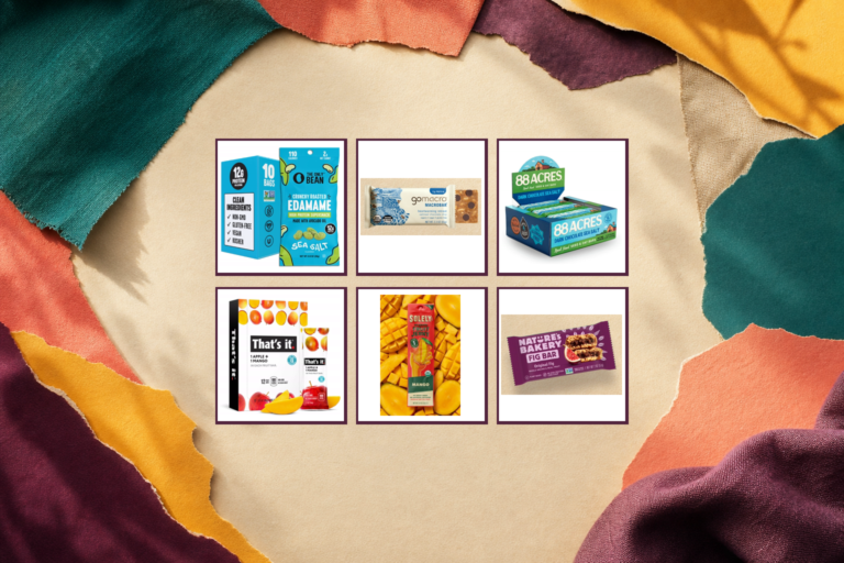Six vegan snack packages in equal panels: The Only Bean edamame, GoMacro MacroBar, 88 Acres bars, That's it. fruit bars, Solely fruit jerky, and Nature's Bakery Original Fig bars.