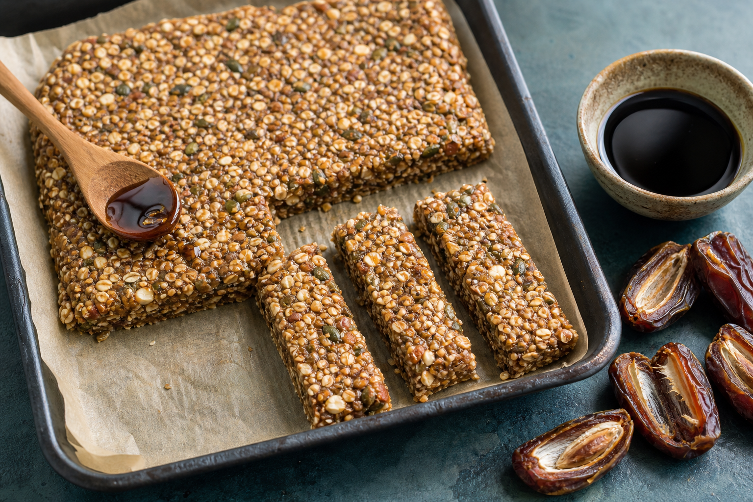 Thick date syrup beside halved dates and oat-and-seed snack bars pressed and cut on a parchment-lined pan.
