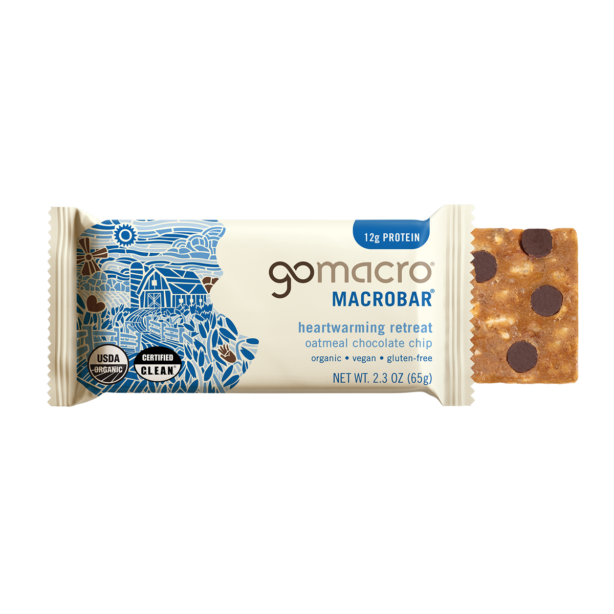 Packaged vegan snacks: a GoMacro Oatmeal Chocolate Chip MacroBar wrapper beside an exposed oat-and-chocolate-chip bar.