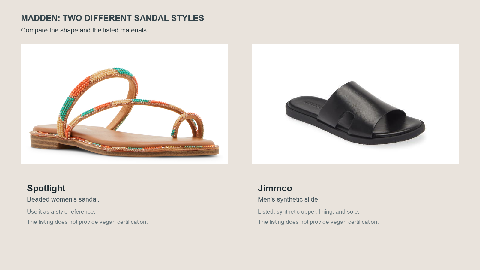 Horizontal comparison of the beaded Madden Girl Spotlight sandal and the black MADDEN Jimmco men's slide, with Nordstrom Rack's synthetic-component wording and no vegan-certification claim.