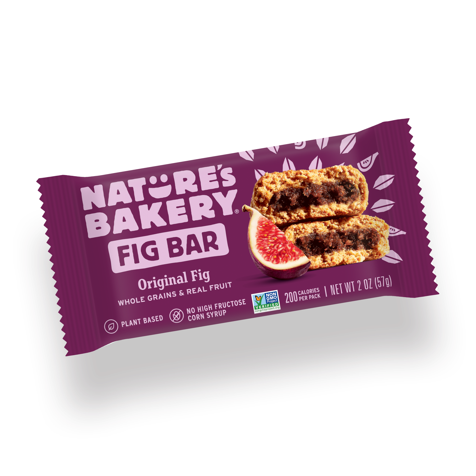 Nature's Bakery Original Fig Whole Wheat Fig Bar package with two soft-baked fig bar halves and a fresh fig.