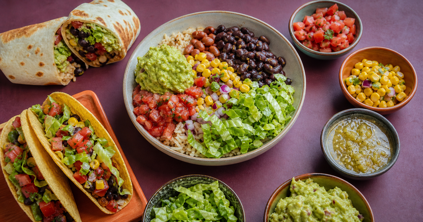 Colorful vegan burrito bowl surrounded by a burrito, tacos, salsa, corn, guacamole, and lettuce.