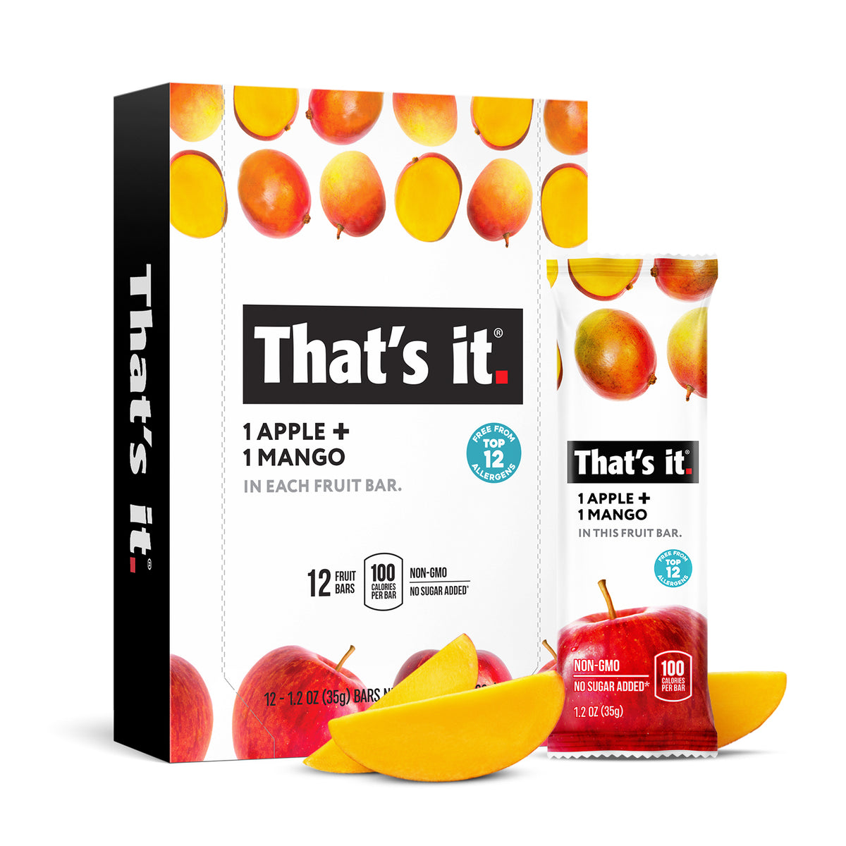 That's it. Apple and Mango Fruit Bars box with one wrapped bar, an apple, and a mango.