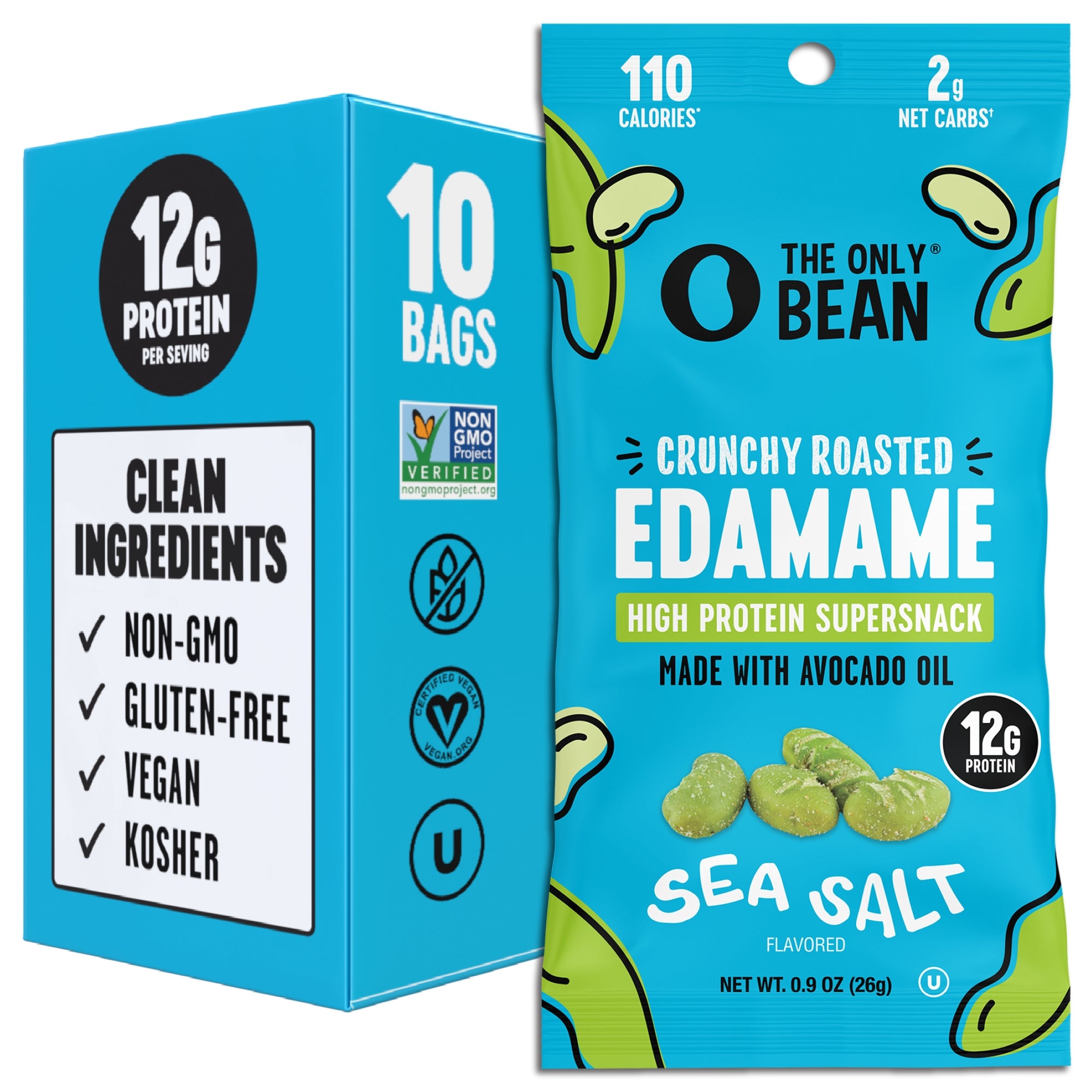 The Only Bean Sea Salt roasted edamame 10-pack with one 0.9-ounce snack pouch.