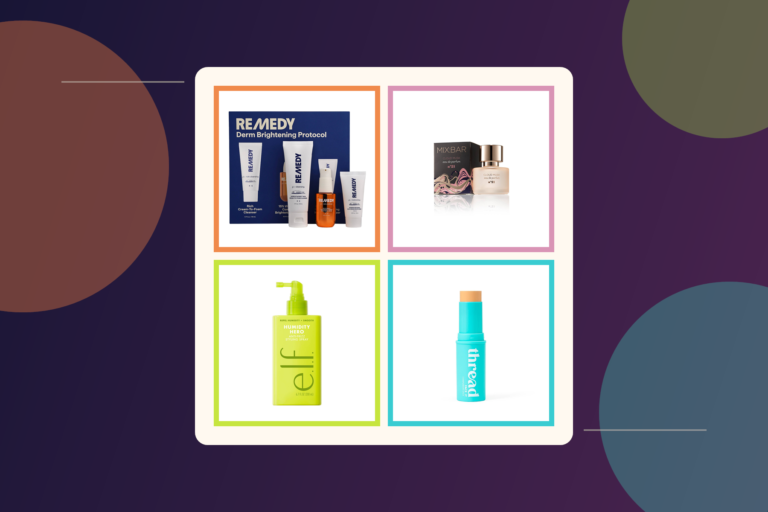 Remedy skincare, MIX:BAR Cloud Musk, e.l.f. Hair Humidity Hero, and Thread Face It shown in a four-panel Target vegan beauty roundup image.