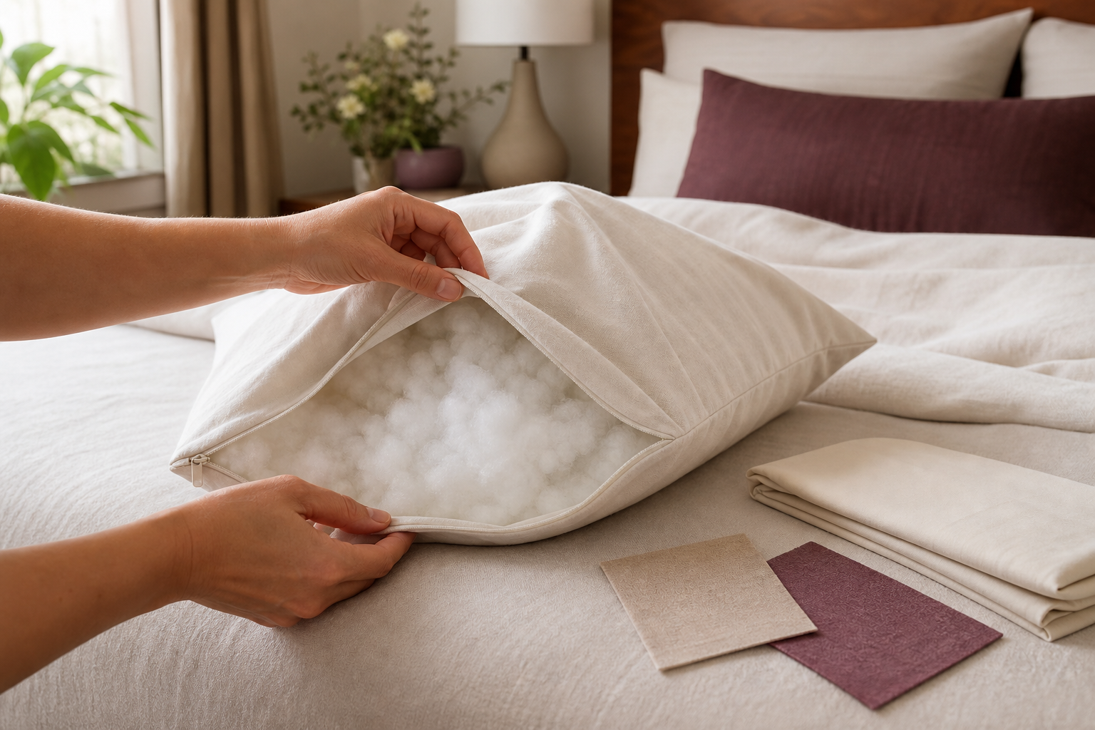 Hands separating a plain bedding shell from its generic filling.