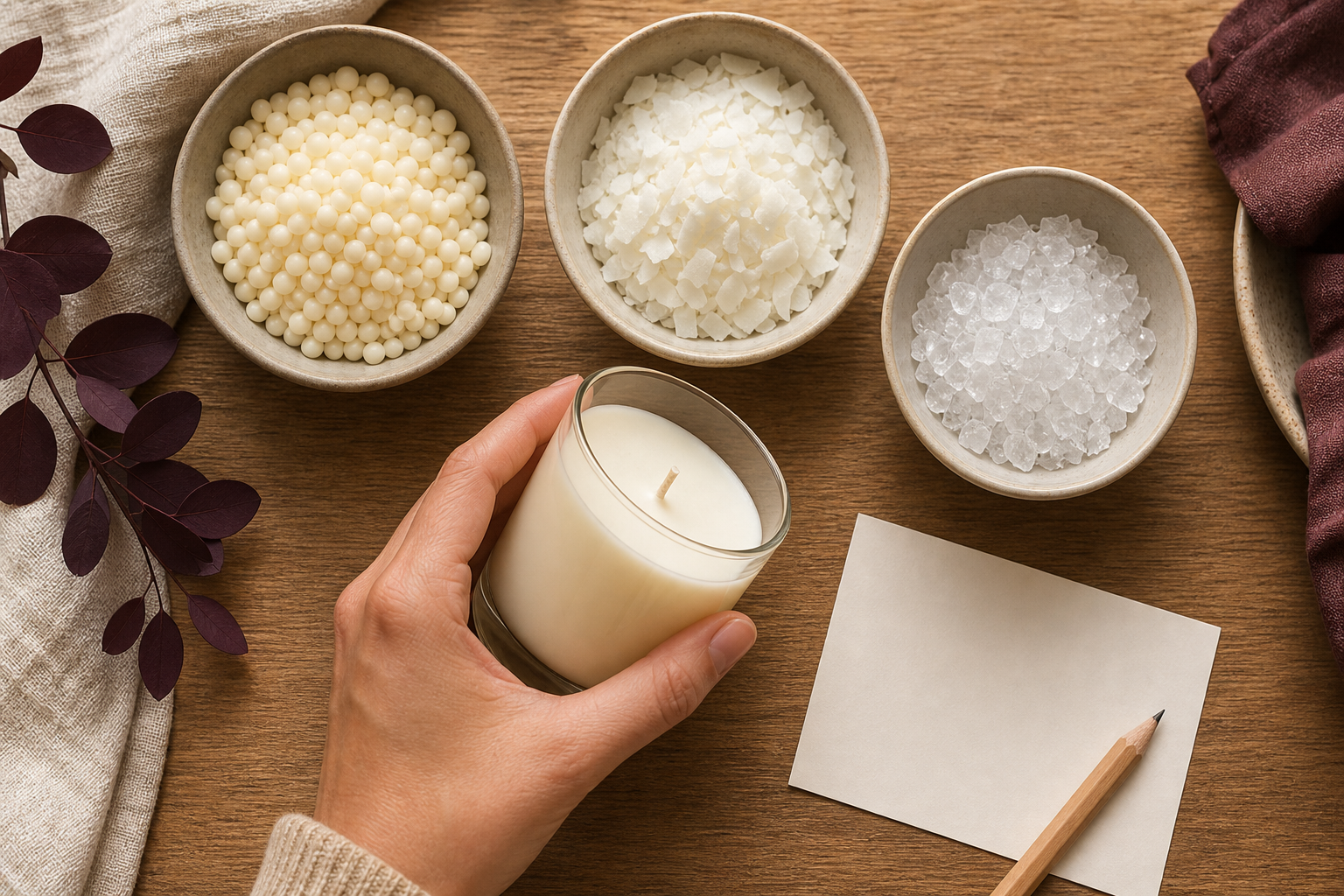 Hands inspecting an unbranded candle beside generic wax-making materials and a blank question card.