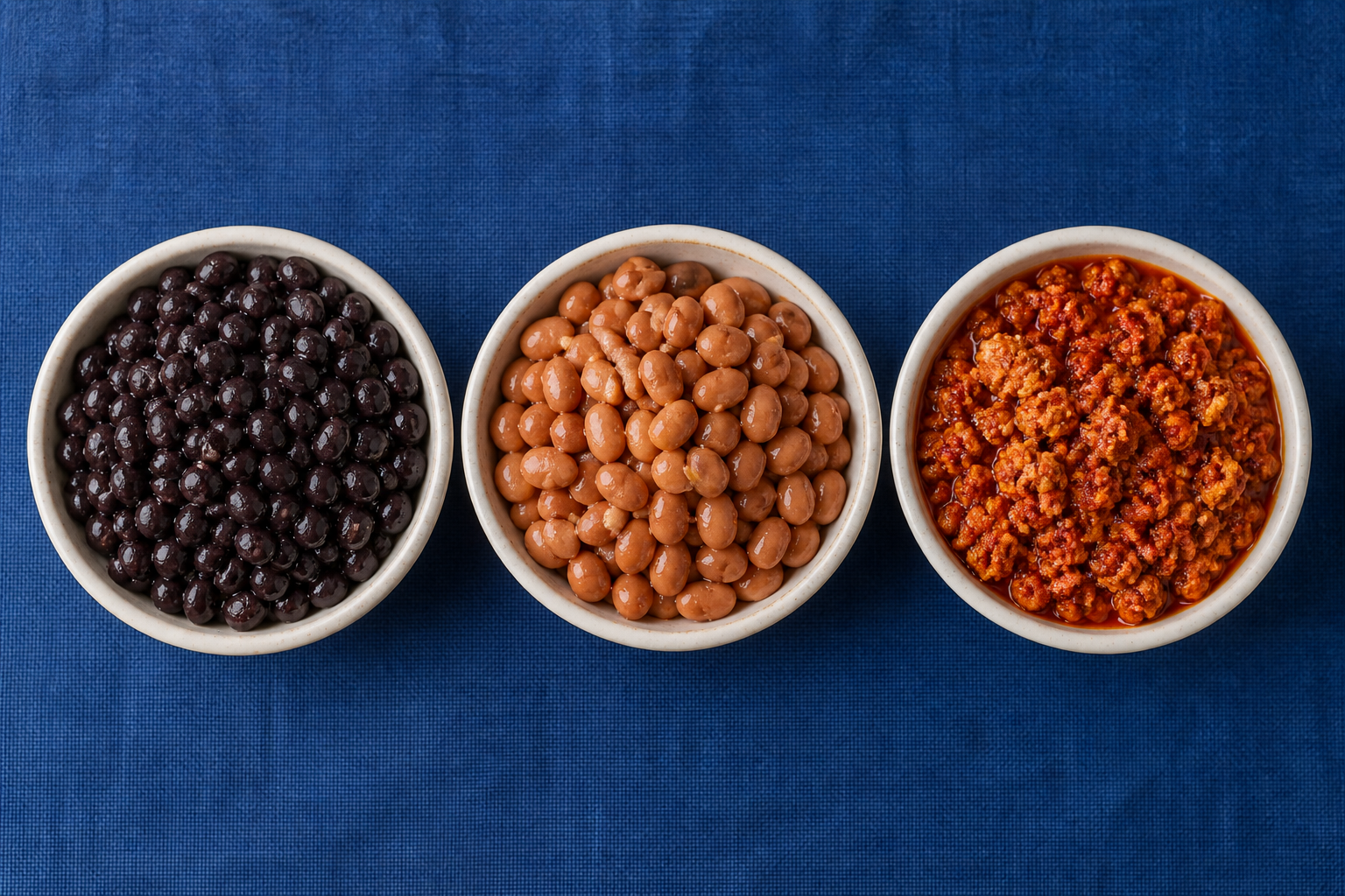 Three bowls containing black beans, pinto beans, and smoky braised crumbled tofu.