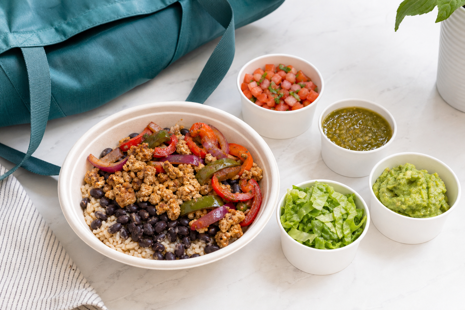 Vegan rice, bean, pepper, and tofu bowl with salsa, guacamole, and lettuce in separate containers.