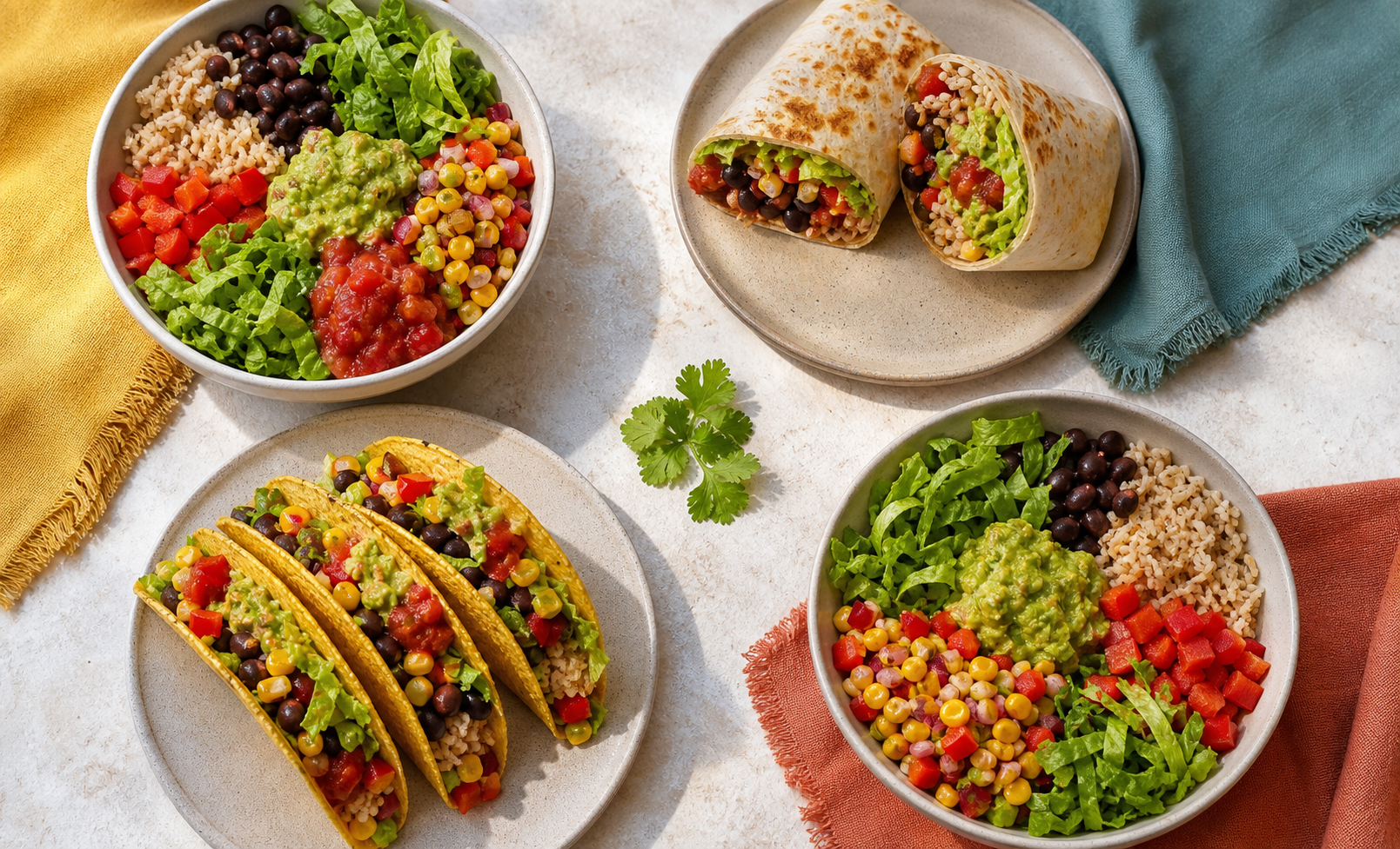 Vegan Chipotle order formats shown as a burrito bowl, burrito halves, crispy tacos, and salad on a light table.