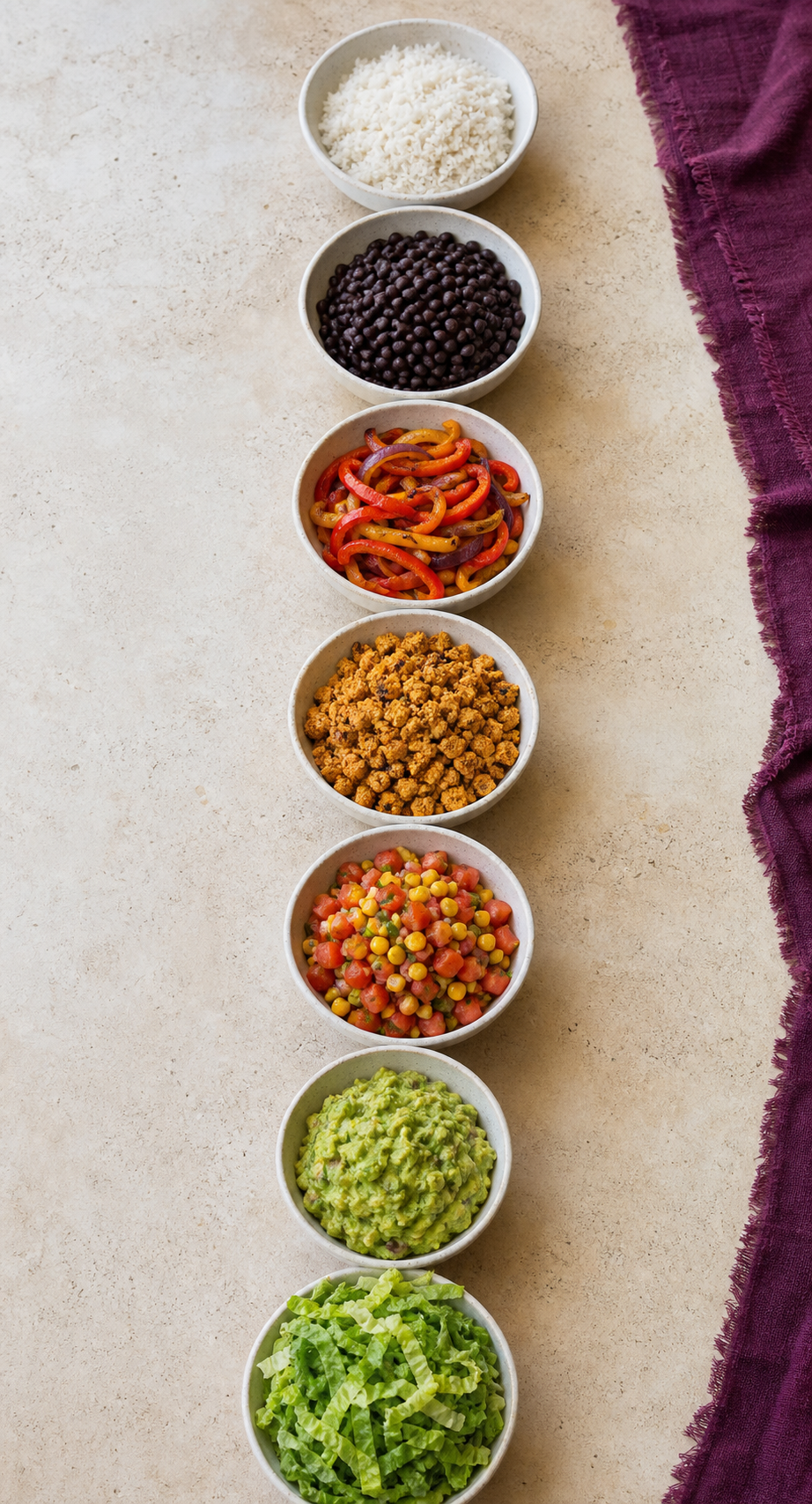 Vegan Chipotle ordering sequence with seven bowls showing rice, black beans, peppers, tofu, salsa, guacamole, and lettuce.