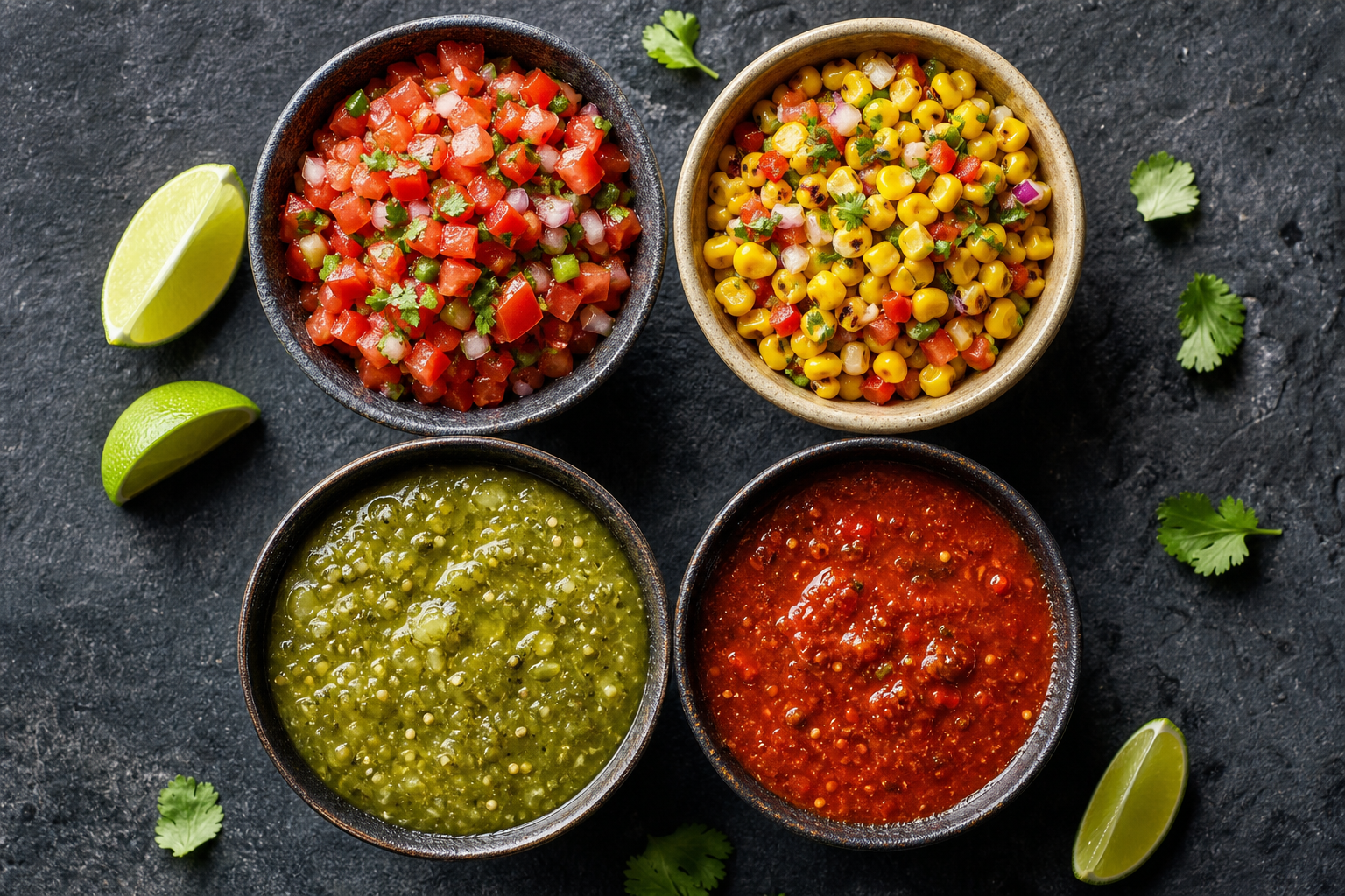 Four bowls of fresh tomato, roasted corn, green tomatillo, and red chile salsa.