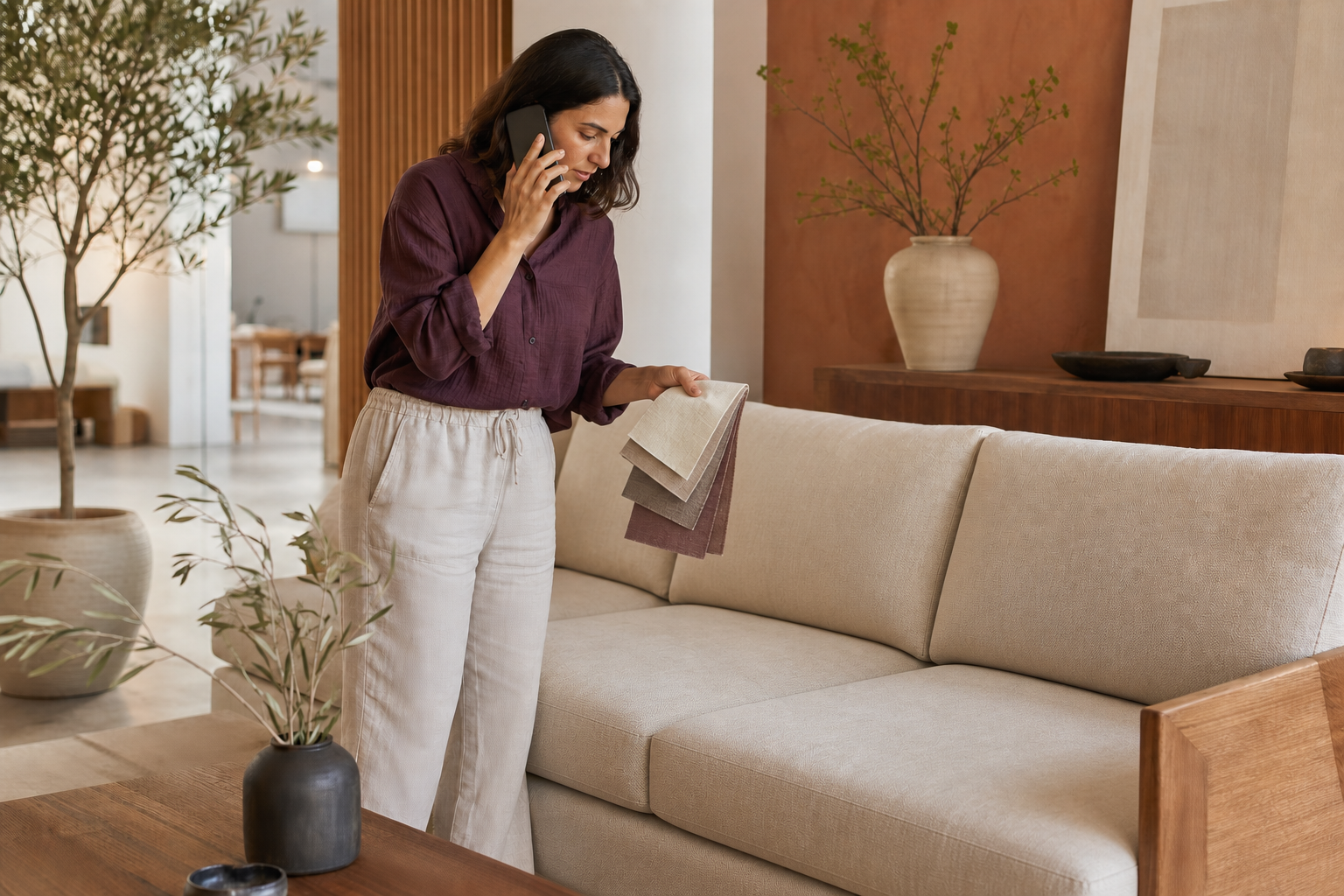 Shopper talking on the phone while holding upholstery swatches beside a cream sofa.
