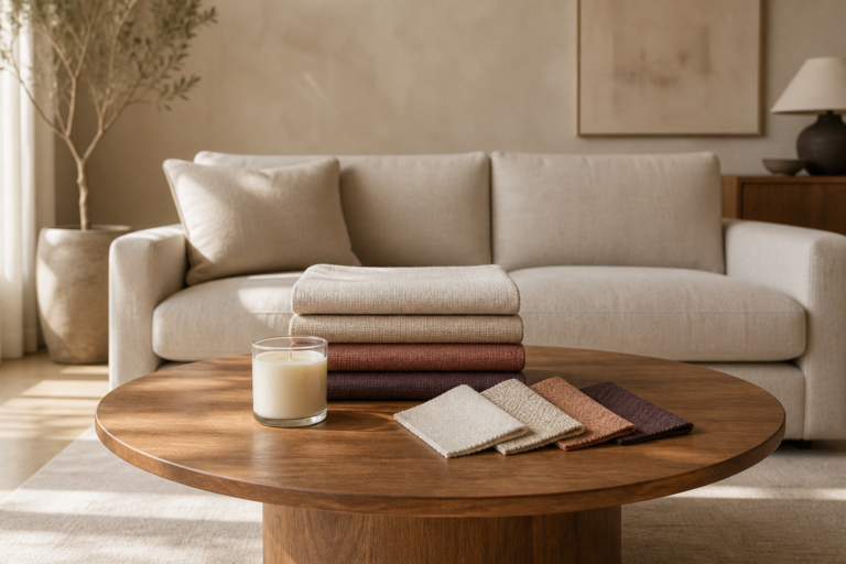 Neutral living room with an unlit candle, folded home textiles, an upholstered sofa, and a fan of material swatches.