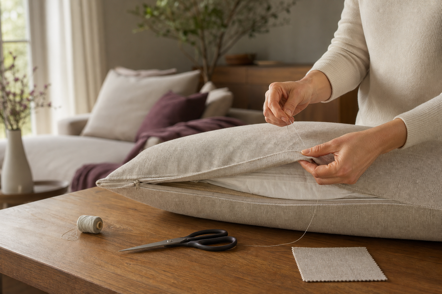 Vegan home edit: hands mending a removable neutral cushion cover, with thread and tools beside them.