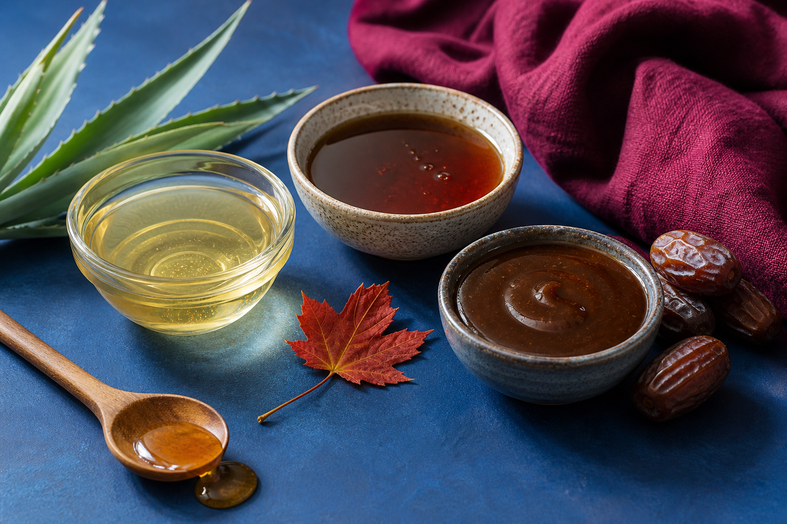 Three bowls of pale, amber, and dark syrup with dates, a maple leaf, agave leaves, and a wooden spoon on a blue surface.