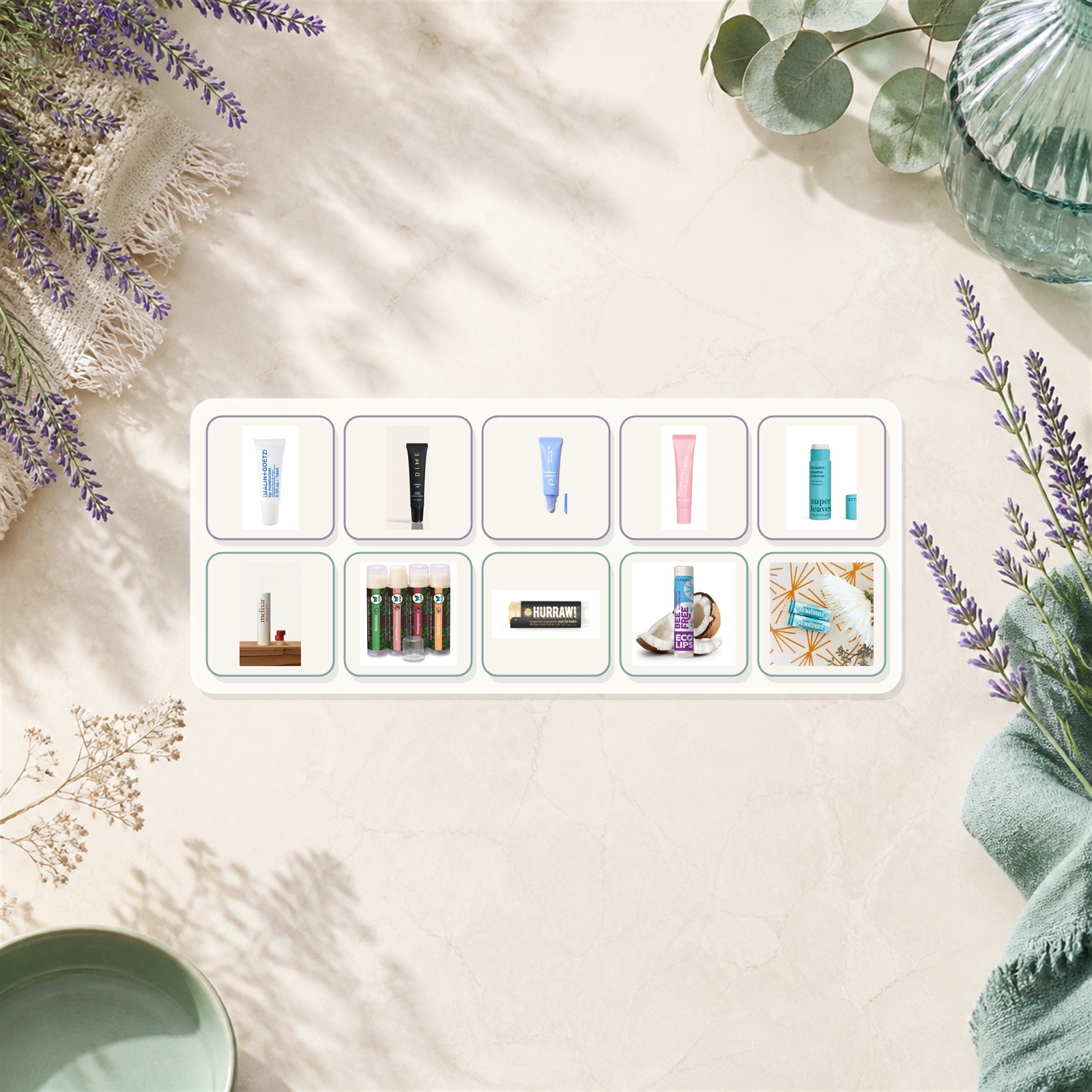 Ten vegan lip balm products arranged in two centered rows on a softly lit beauty editorial background.