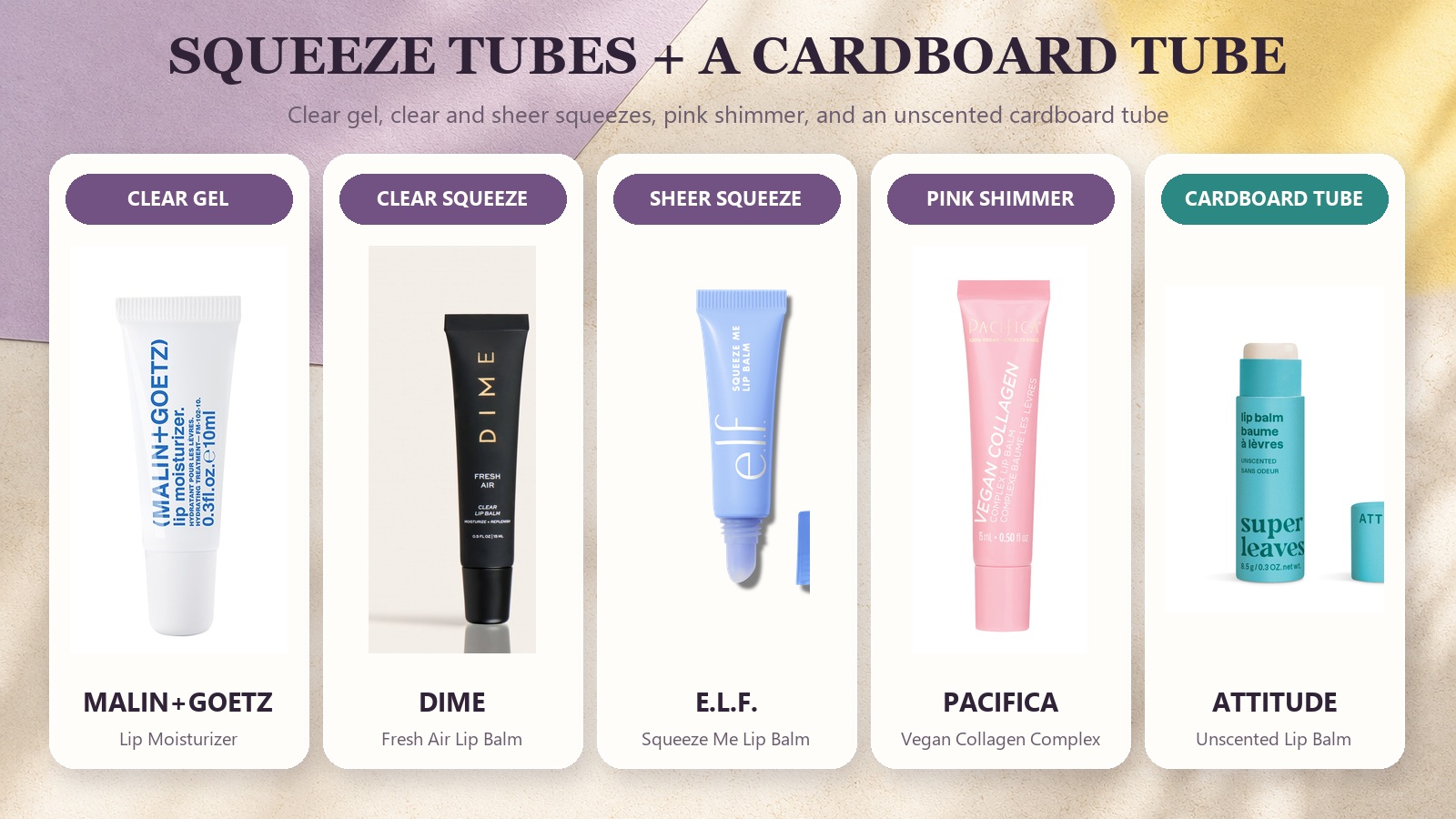 Five vegan lip balms from MALIN+GOETZ, DIME, e.l.f., Pacifica, and ATTITUDE compared in a horizontal guide by squeeze and cardboard-tube format.
