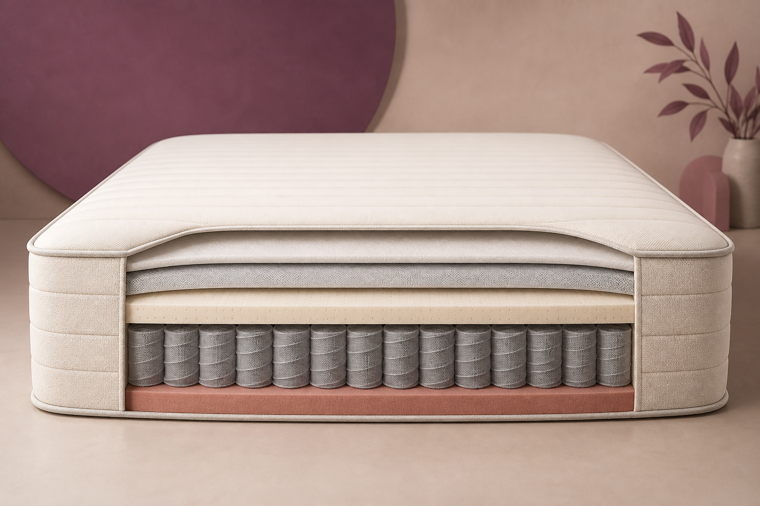 Generic cutaway illustration of separate mattress cover, cushioning, barrier, and support layers.