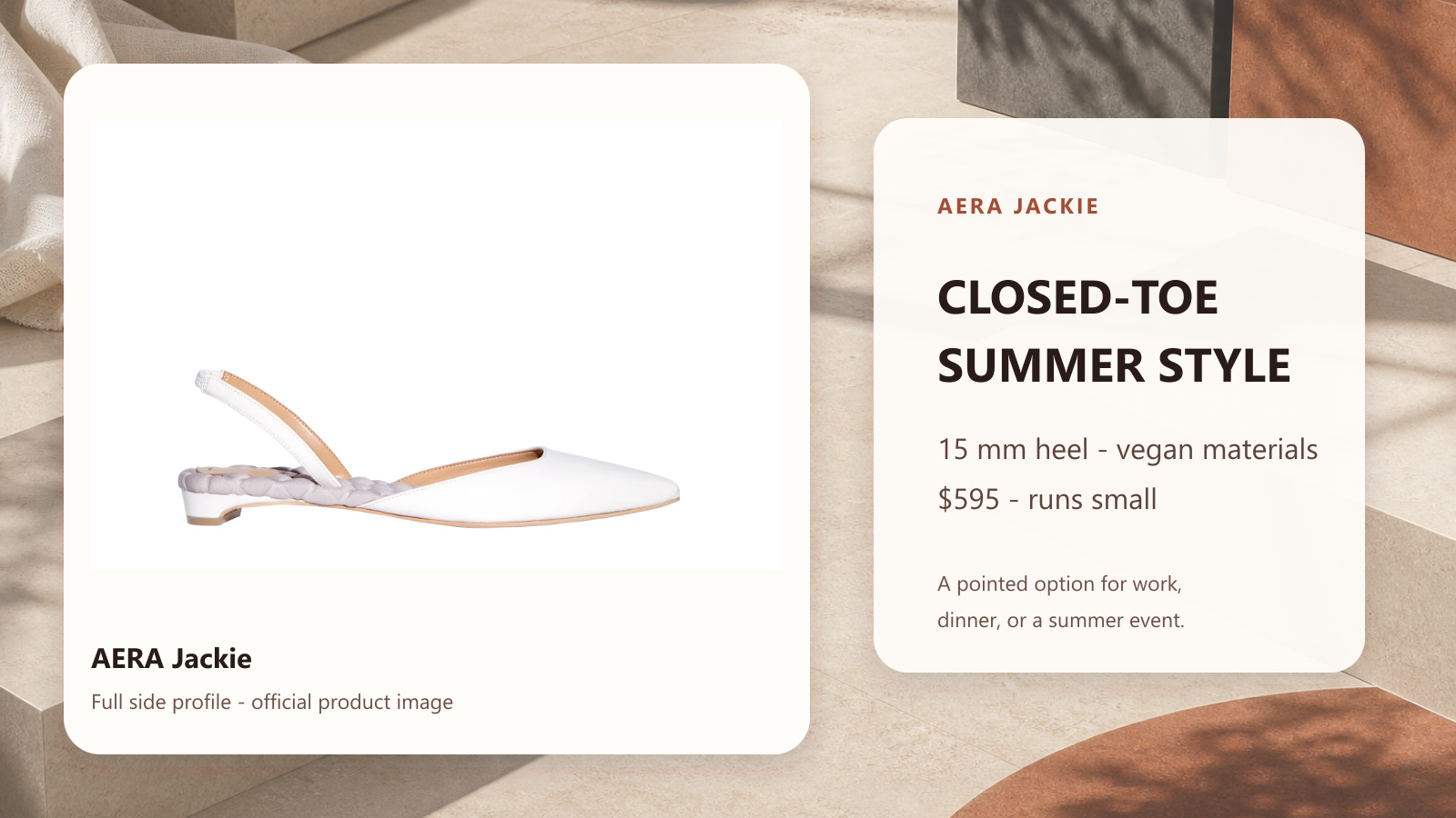 Full side profile of the ivory AERA Jackie with a closed-toe summer-style card, 15 mm heel, vegan-material claim, price, and fit warning.