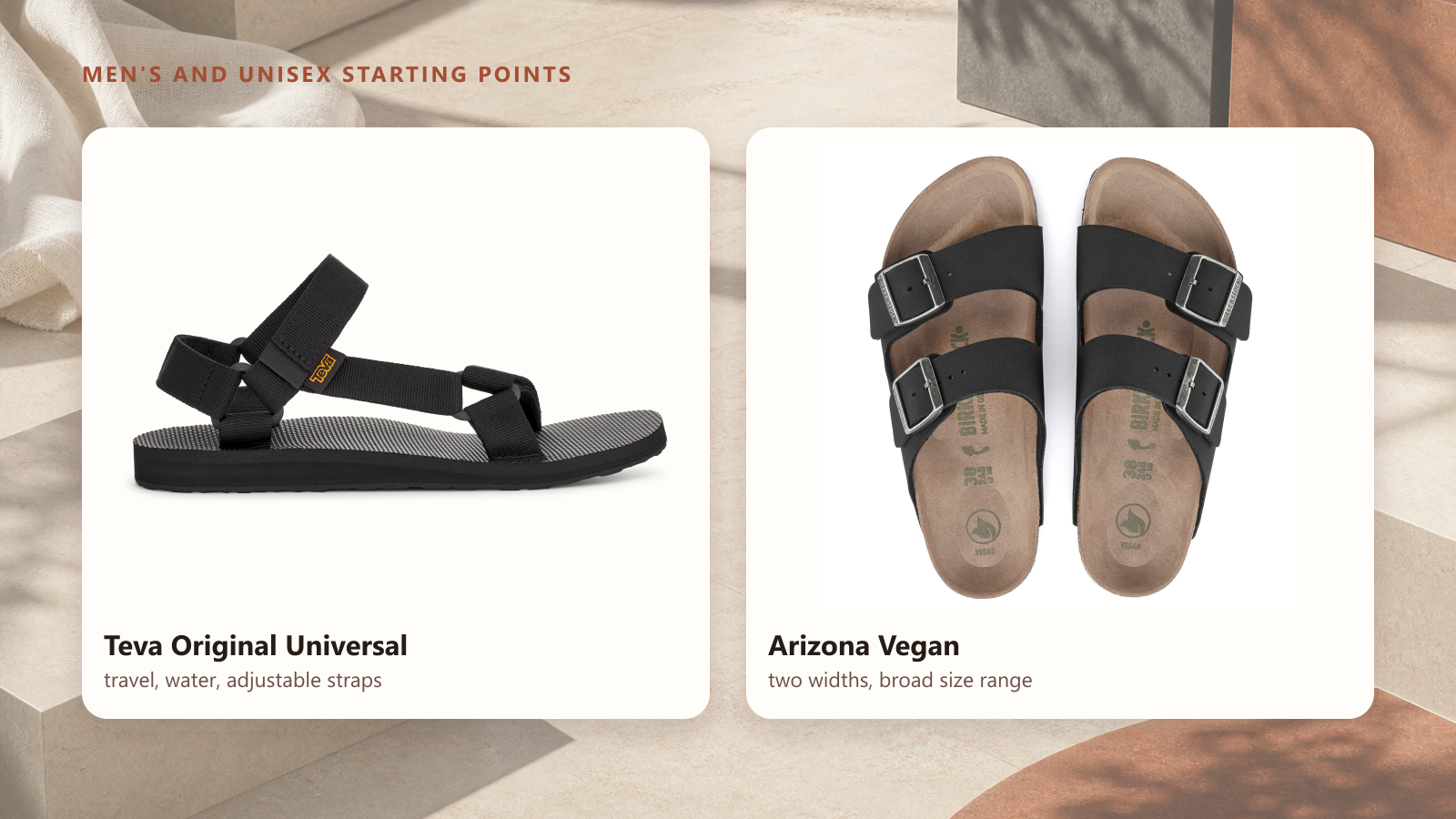 Black Teva Original Universal sandal beside black BIRKENSTOCK Arizona Vegan sandals.