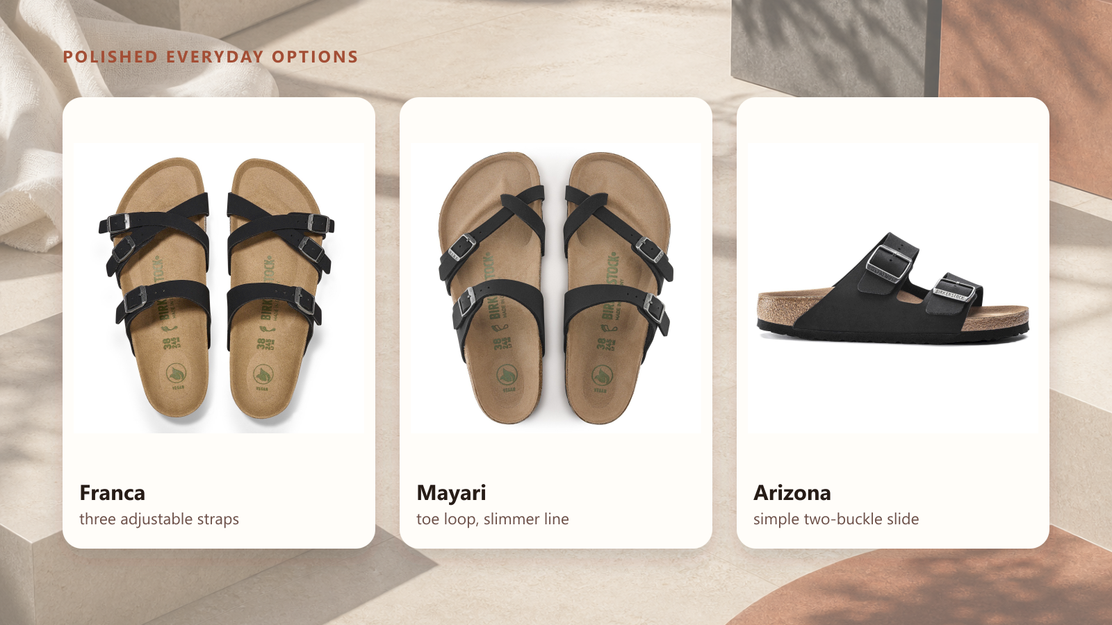 Top and side views of three black BIRKENSTOCK vegan sandals: Franca, Mayari, and Arizona.