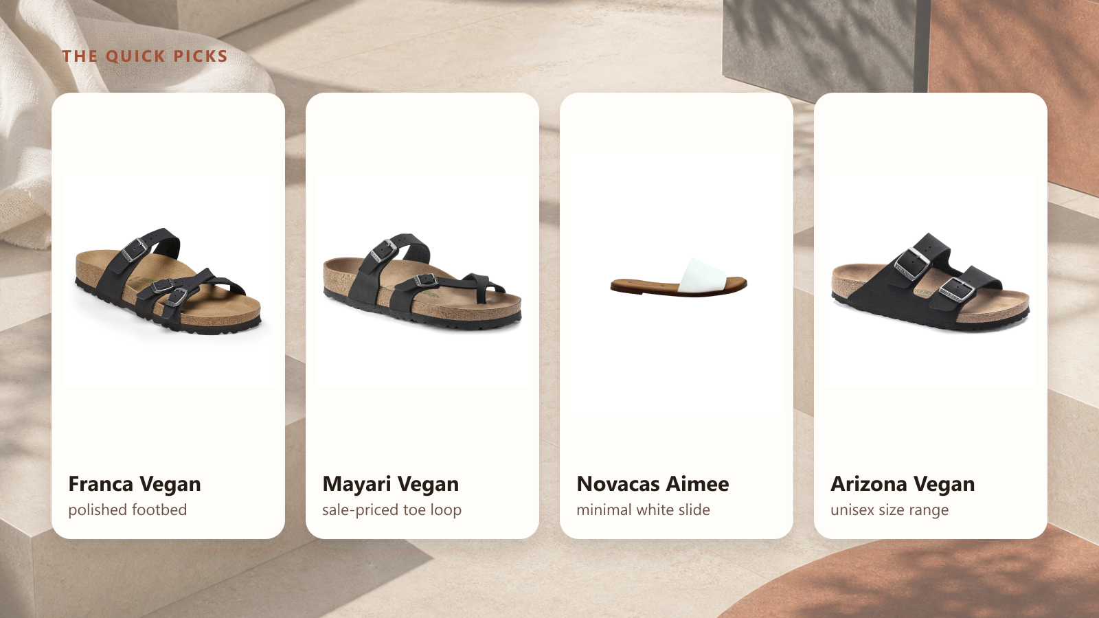 Four current vegan sandals on warm neutral surfaces: BIRKENSTOCK Franca Vegan, BIRKENSTOCK Mayari Vegan, Novacas Aimee, and BIRKENSTOCK Arizona Vegan.