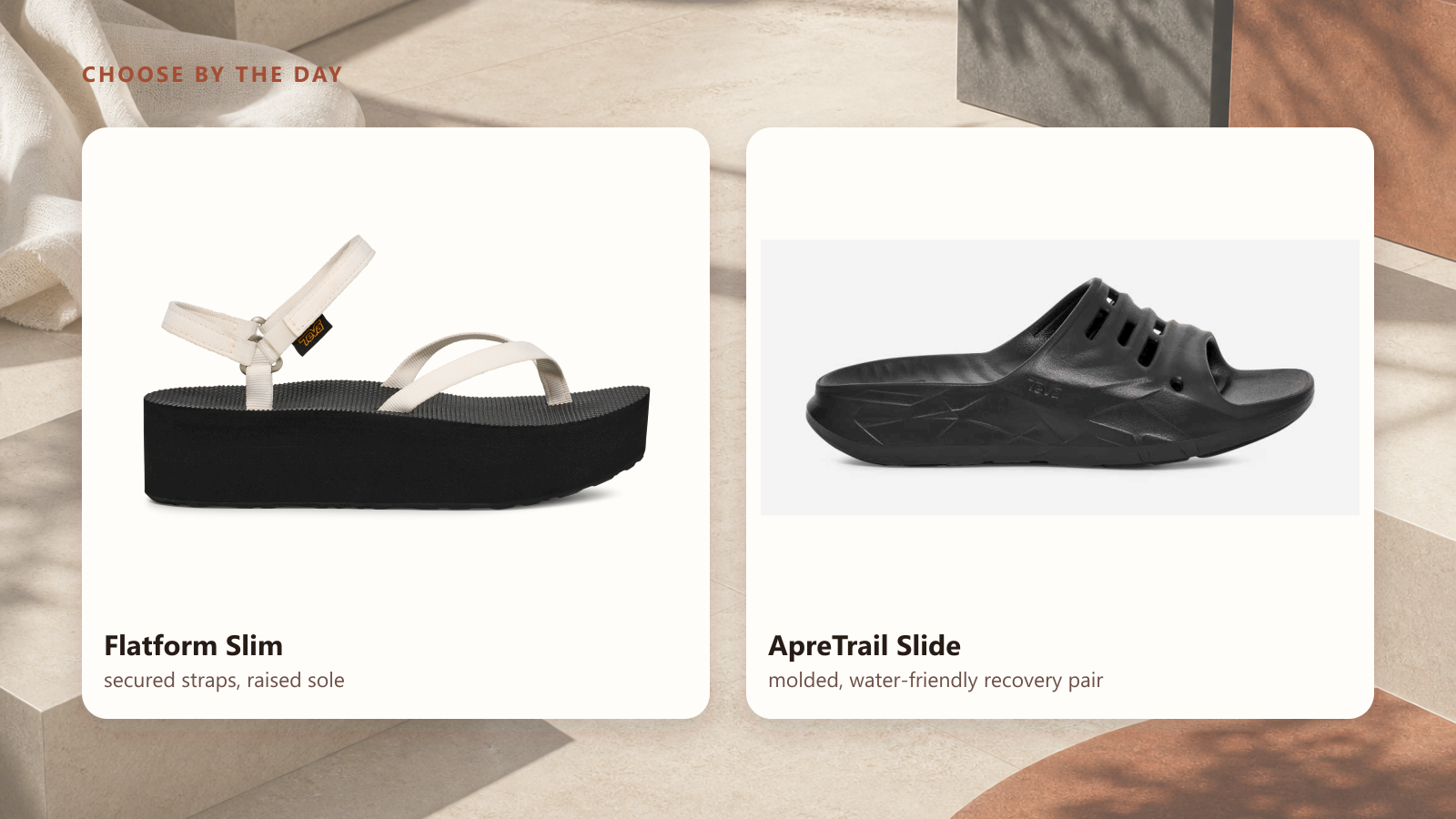White Teva Flatform Slim sandal beside a black Teva ApreTrail molded recovery slide.