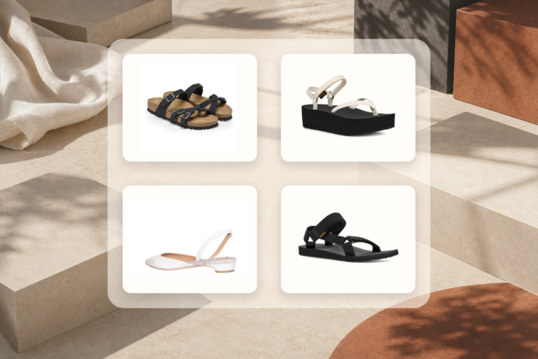 Four current summer shoes on warm neutral surfaces: BIRKENSTOCK Franca Vegan, Teva Flatform Slim, AERA Jackie, and Teva Original Universal.
