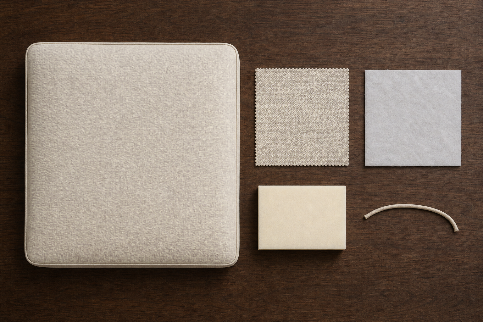 An intact sofa cushion beside separate samples representing upholstery fabric, batting wrap, foam core, and piping trim.