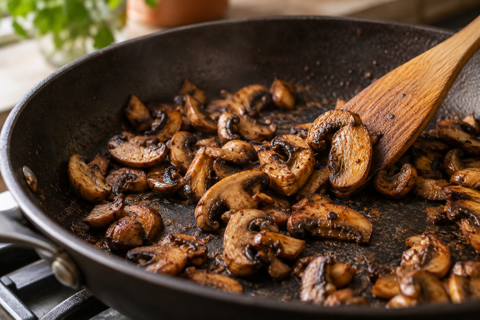 Vegan flavor hacks in practice: sliced mushrooms browning in a skillet.