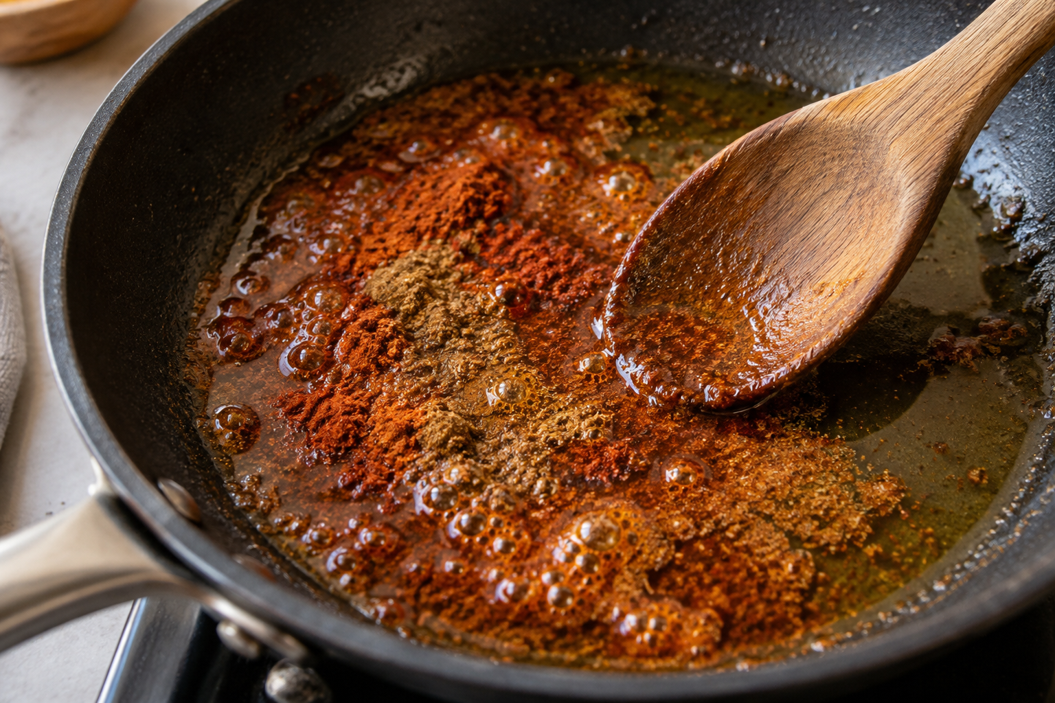 Ground spices sizzling in oil in a skillet.