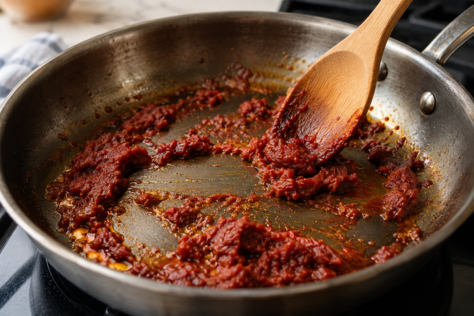 Tomato paste frying in a skillet as a wooden spoon drags through it.