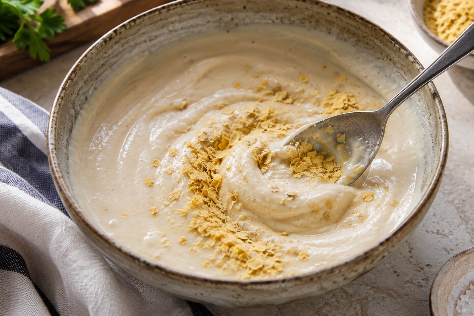 Golden nutritional yeast flakes being stirred into a creamy sauce.