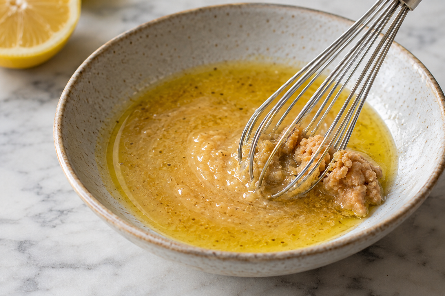 Miso paste being whisked into a lemon and oil dressing.