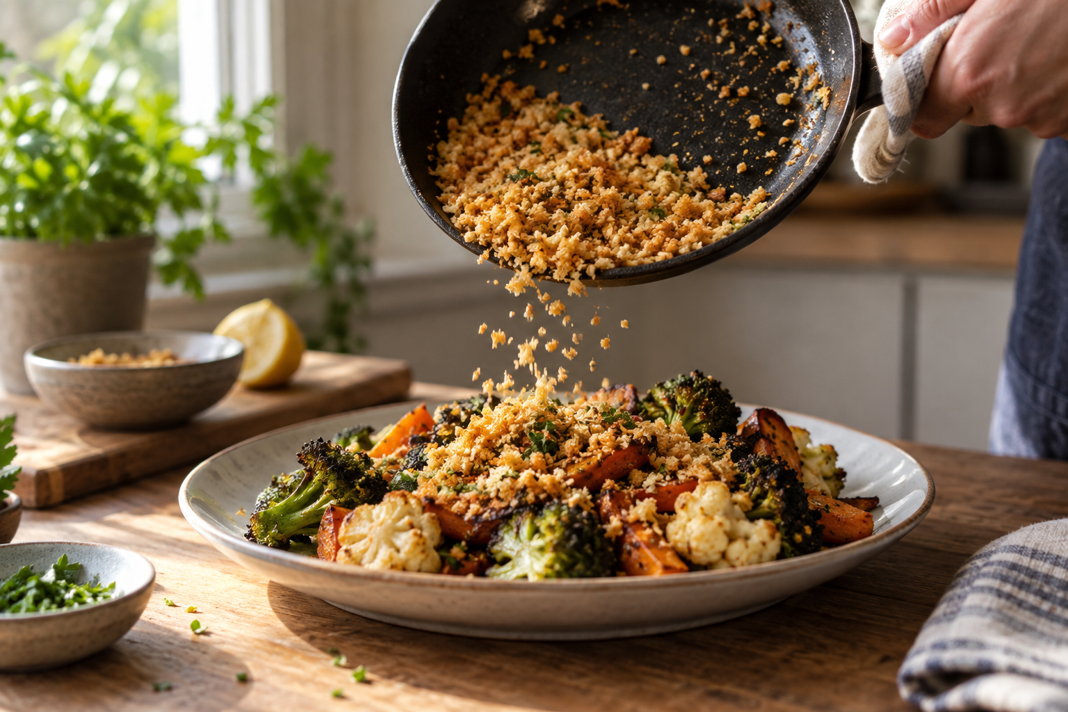 Toasted breadcrumbs falling from a skillet onto roasted vegetables.