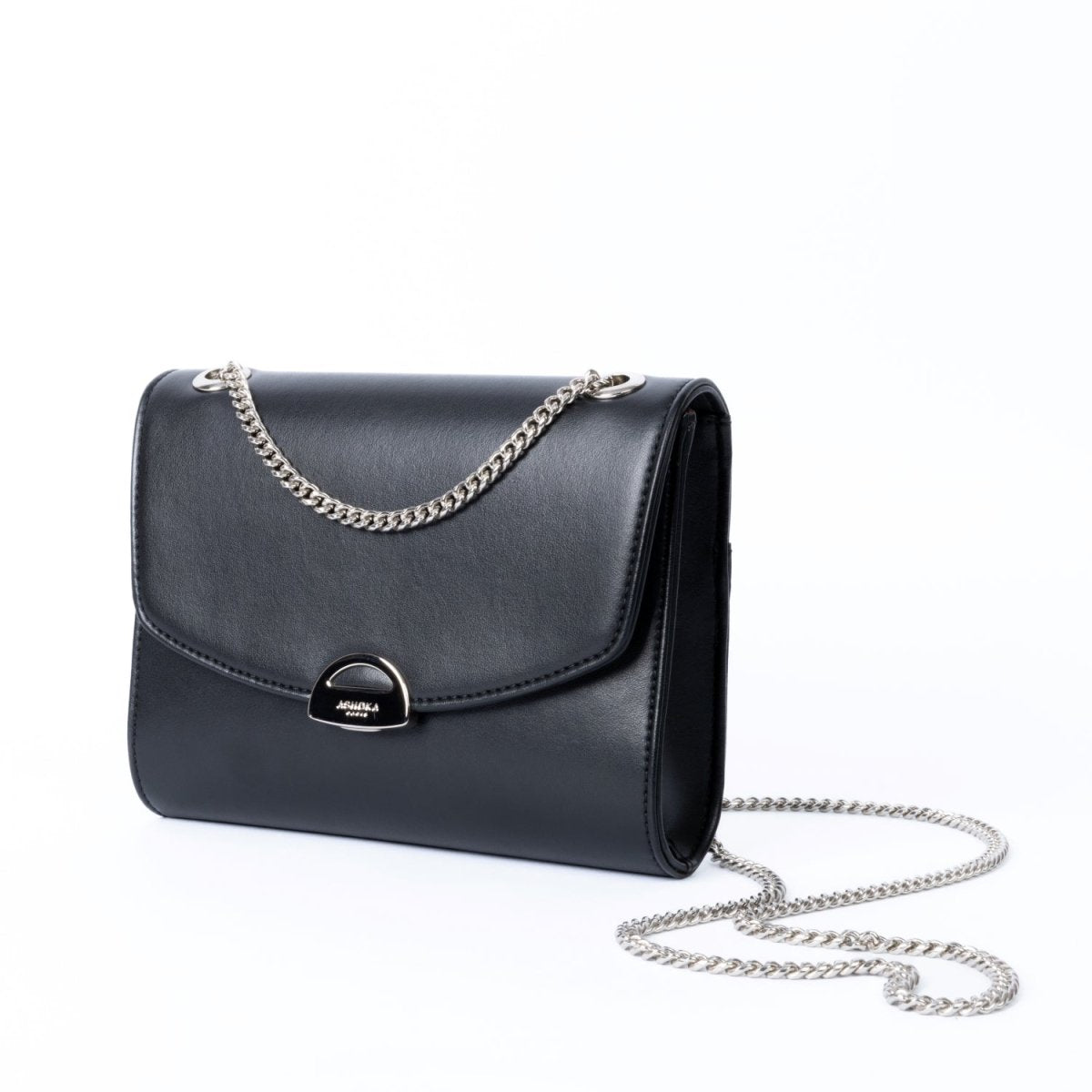 Black Ashoka Paris Mini Paname Uppeal bag with smooth panels, tonal stitching, polished clasp, and chain strap.