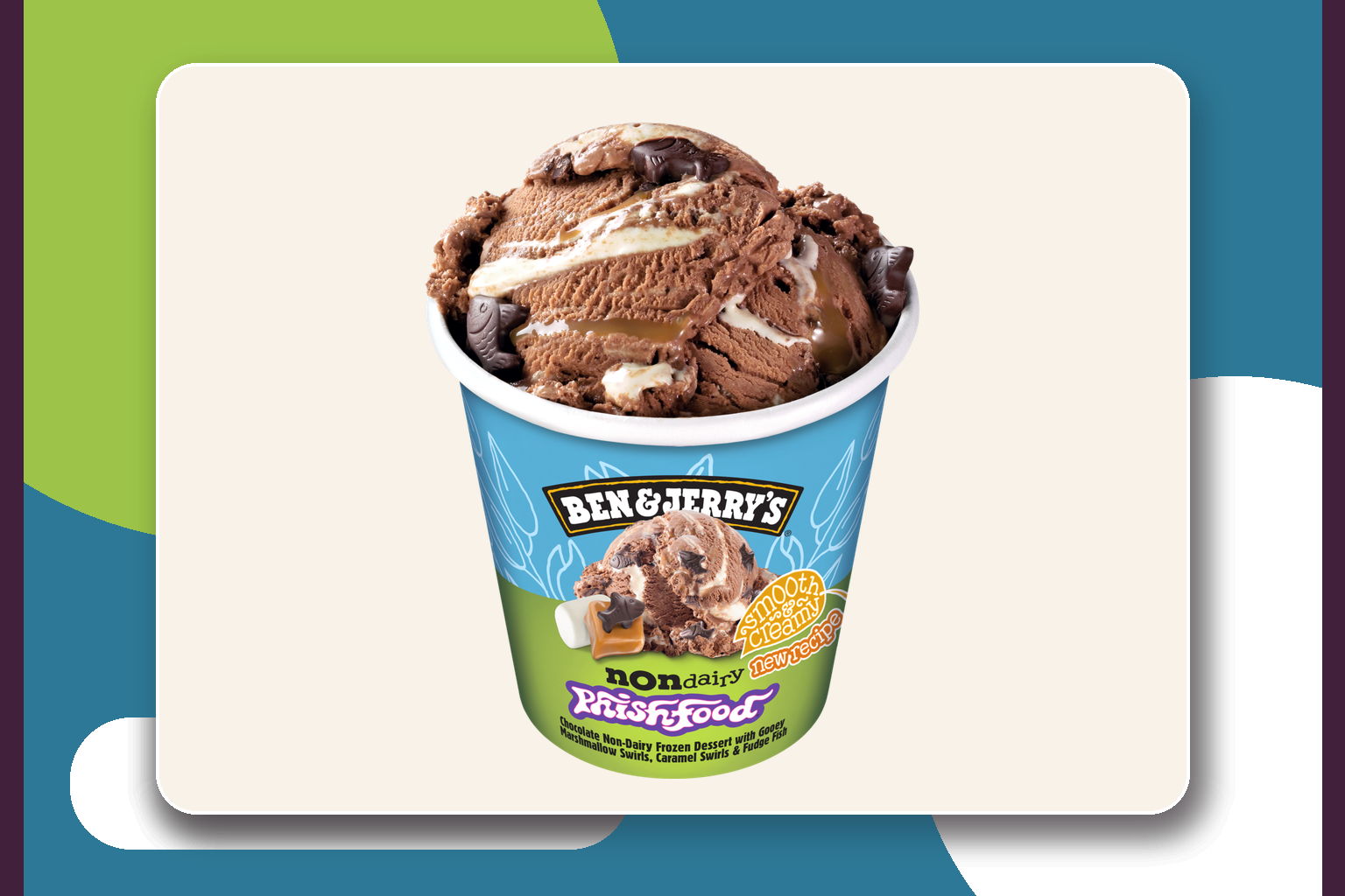 Ben & Jerry's Phish Food vegan ice cream with chocolate, marshmallow and caramel swirls, and fudge fish.