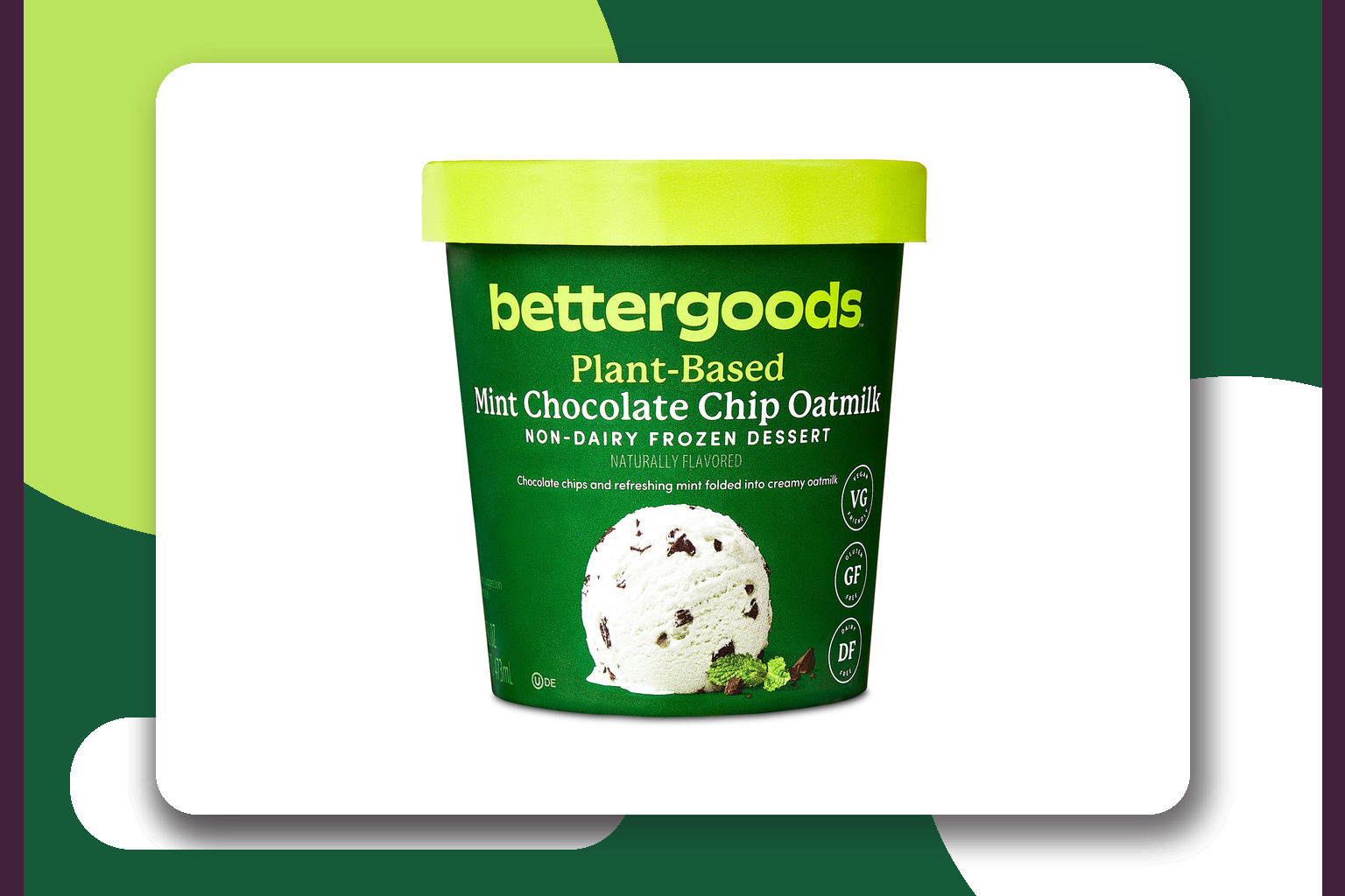 Green bettergoods Plant-Based Mint Chocolate Chip Oatmilk frozen dessert pint on a white editorial card.