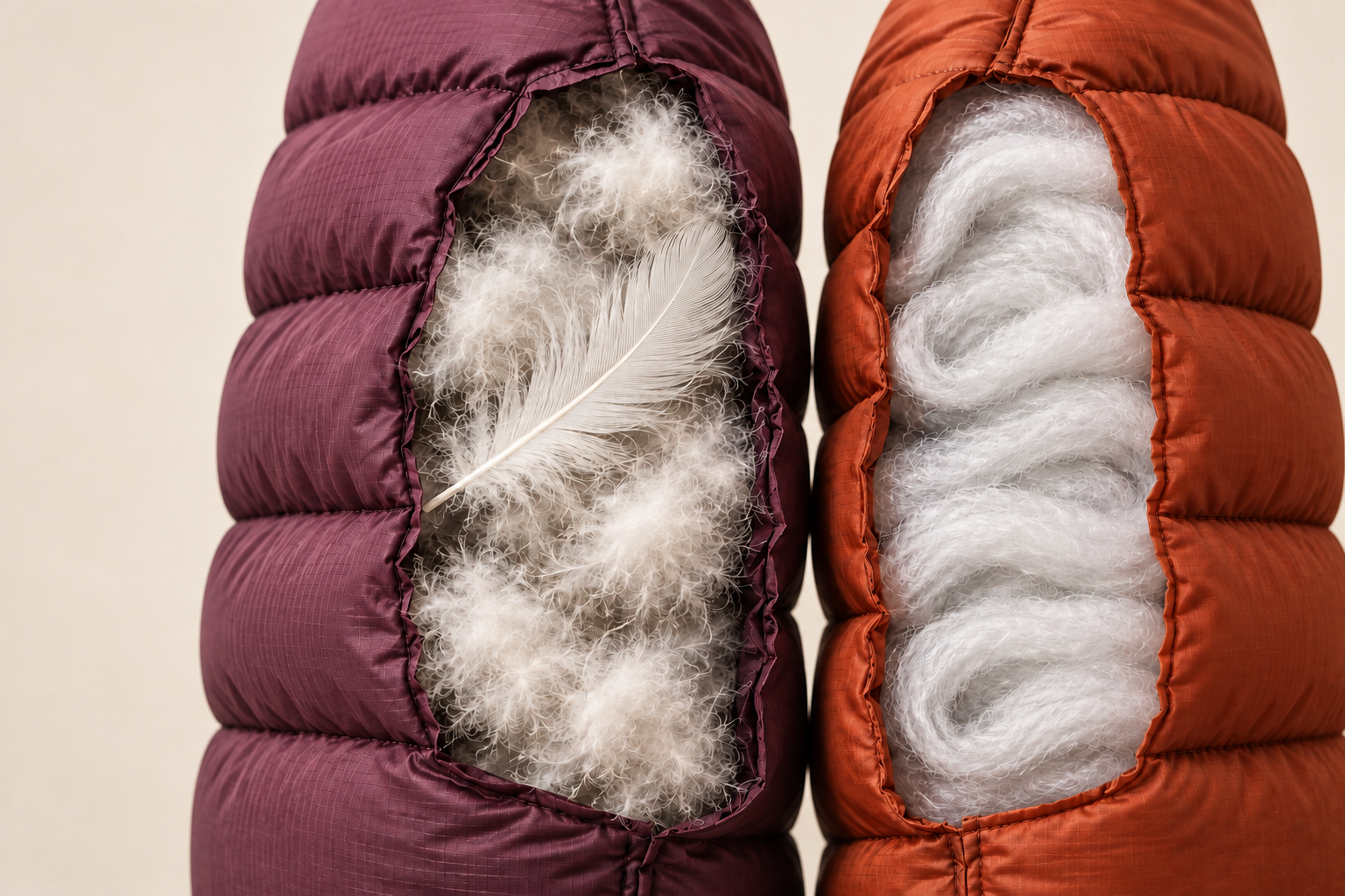 Two quilted cutaways: plum insulation with loose down and a feather beside rust synthetic batting.