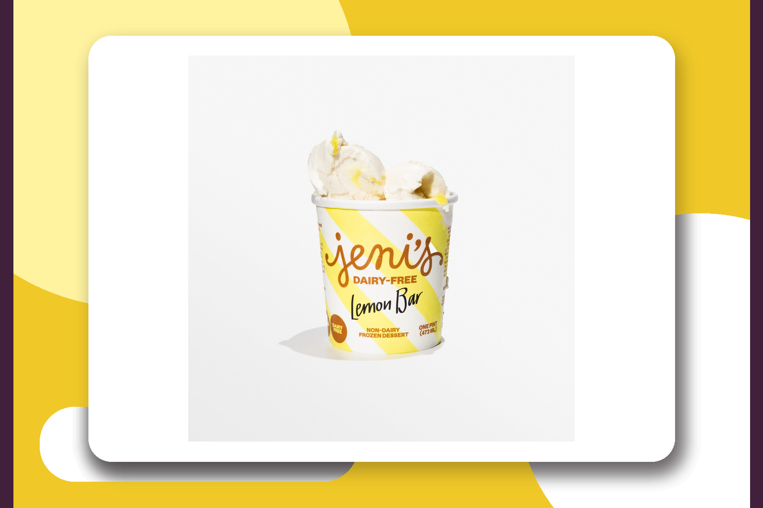 Open Jeni's Dairy-Free Lemon Bar pint with pale lemon frozen dessert and lemon ribbon visible.