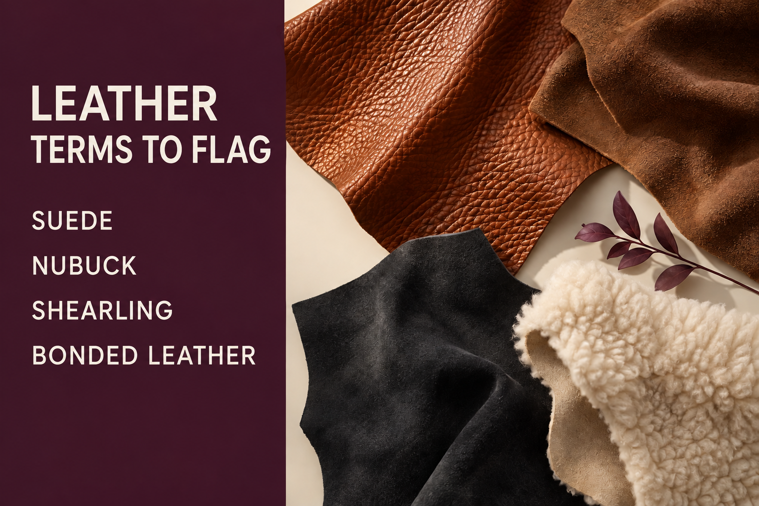 Editorial material study listing suede, nubuck, shearling, and bonded leather as leather terms to flag.