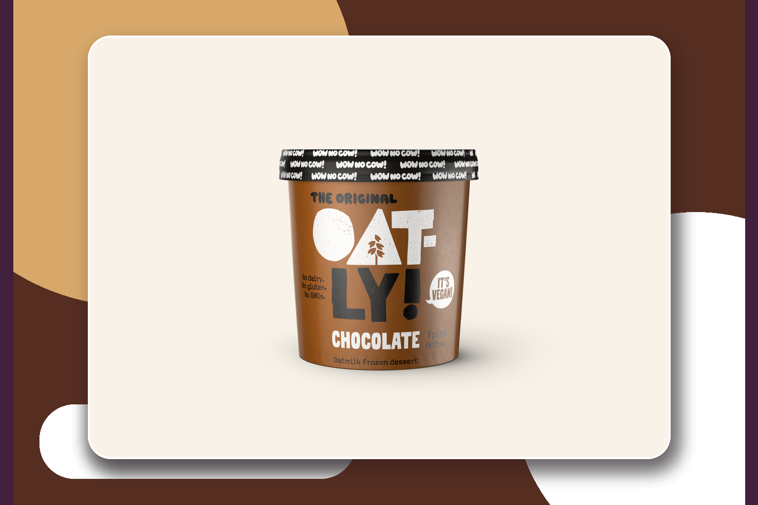 Closed Oatly Chocolate oatmilk frozen dessert pint on a cream editorial card.