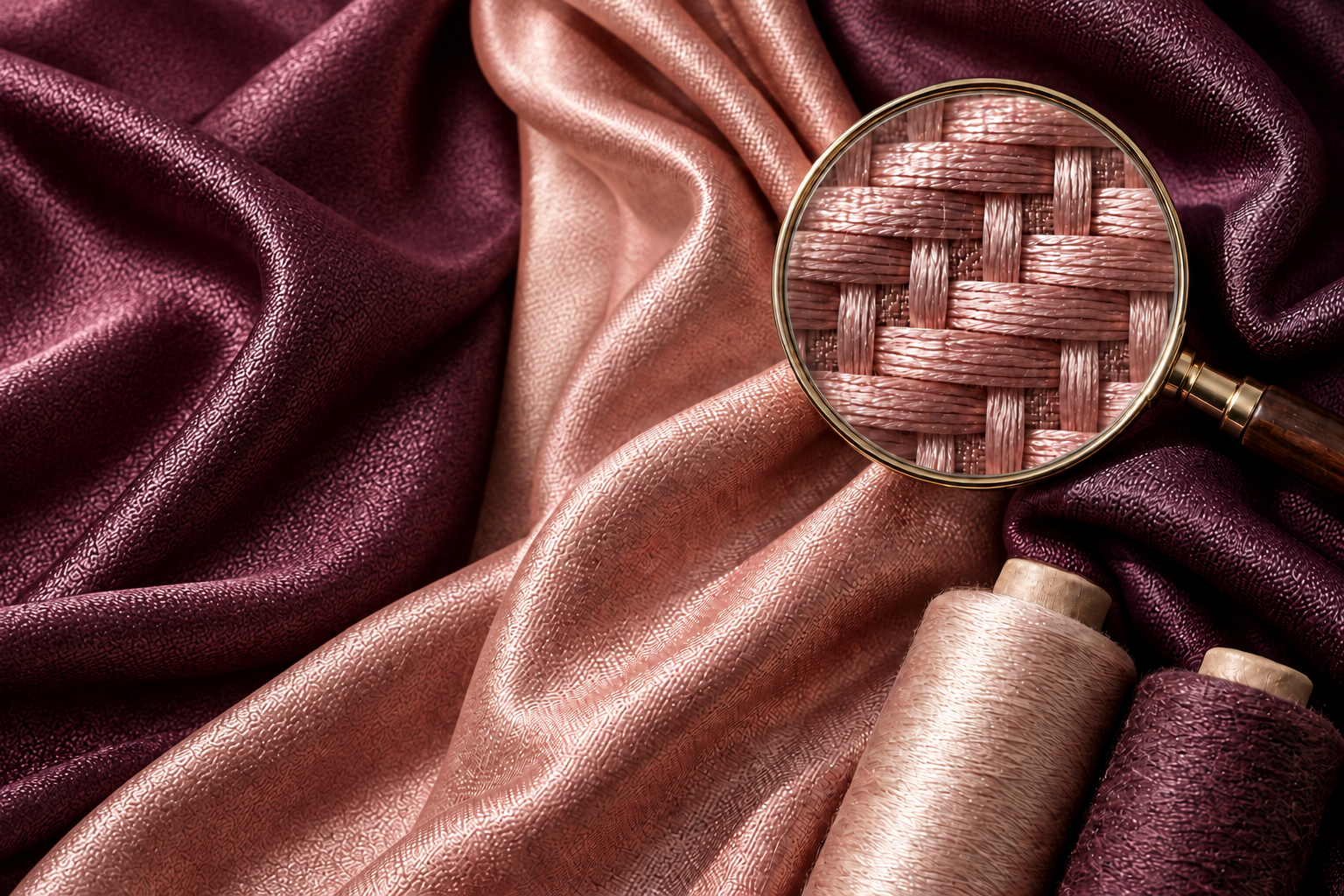 Rose and plum satin-style fabrics beneath a magnifying glass showing the weave, with two matching thread spools.