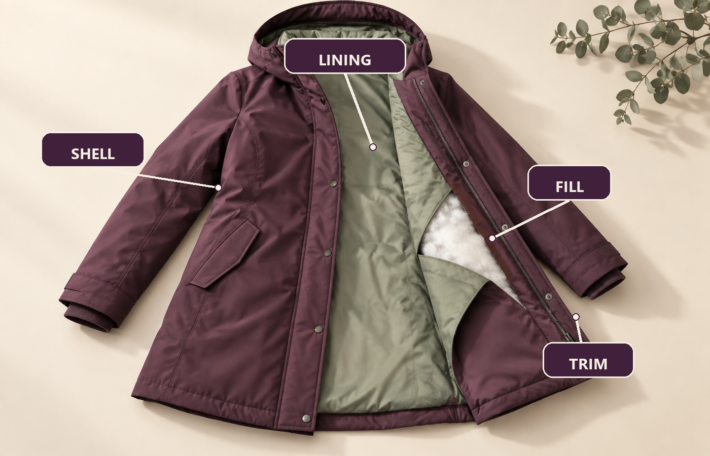 Animal-derived materials check showing where to inspect a coat's shell, lining, synthetic fill, and trim.