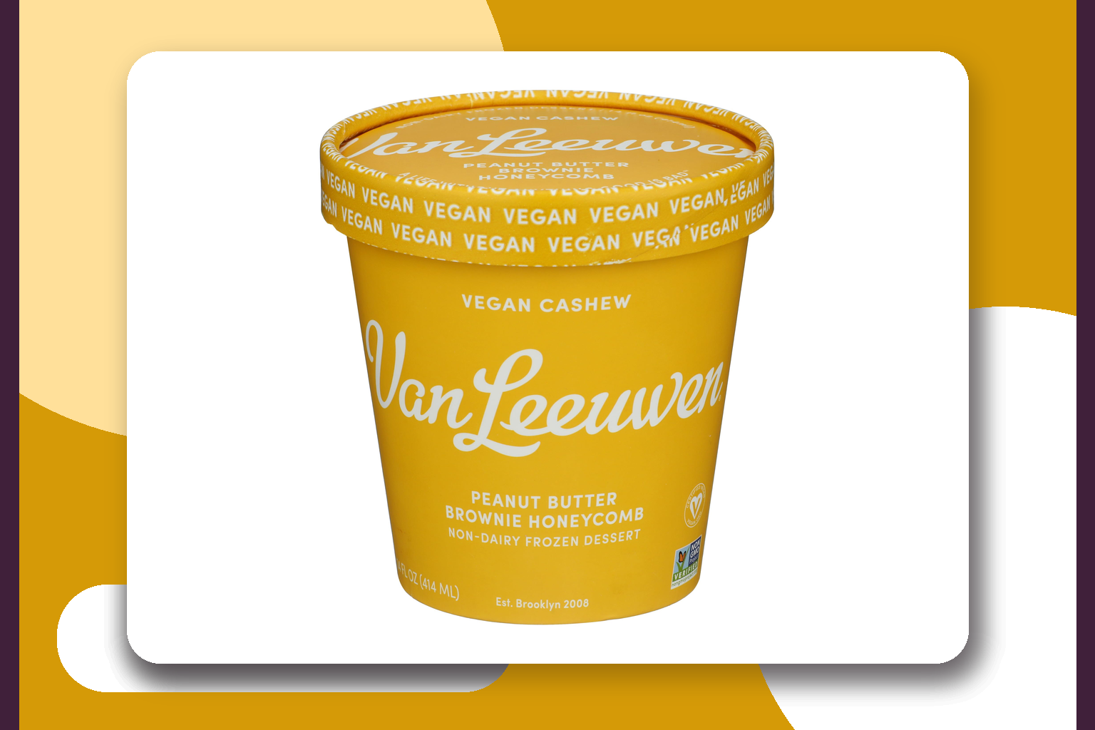 Yellow Van Leeuwen Vegan Peanut Butter Brownie Honeycomb 14-ounce pint on a white editorial card.