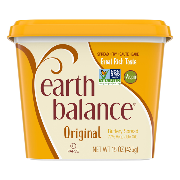 Earth Balance Original vegan butter spread in a 15-ounce yellow tub.