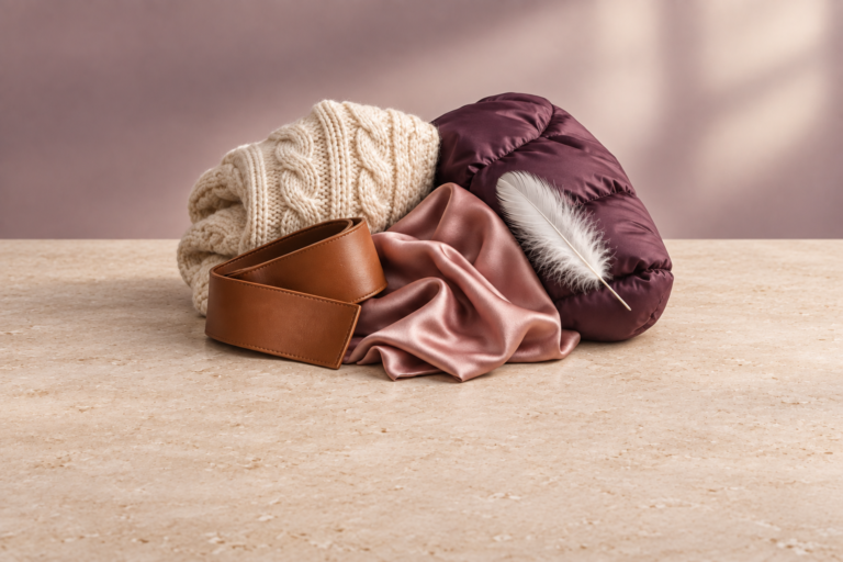 Cream knit, cognac leather-like material, rose satin, and plum quilted fabric with a feather arranged in a centered editorial still life.